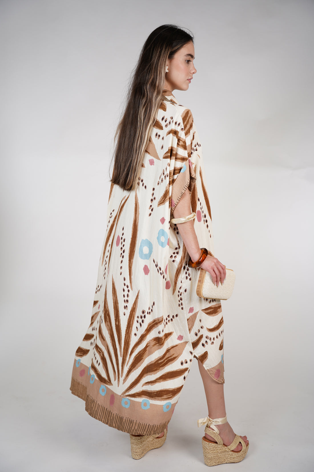 Omelle Stamped Maxi Dress – Tropical Print Button-Down Kaftan, One Size
