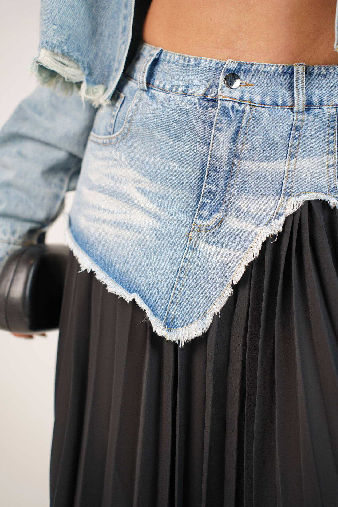 Renovia Contrast Skirt – Denim Overlay Pleated Statement Skirt