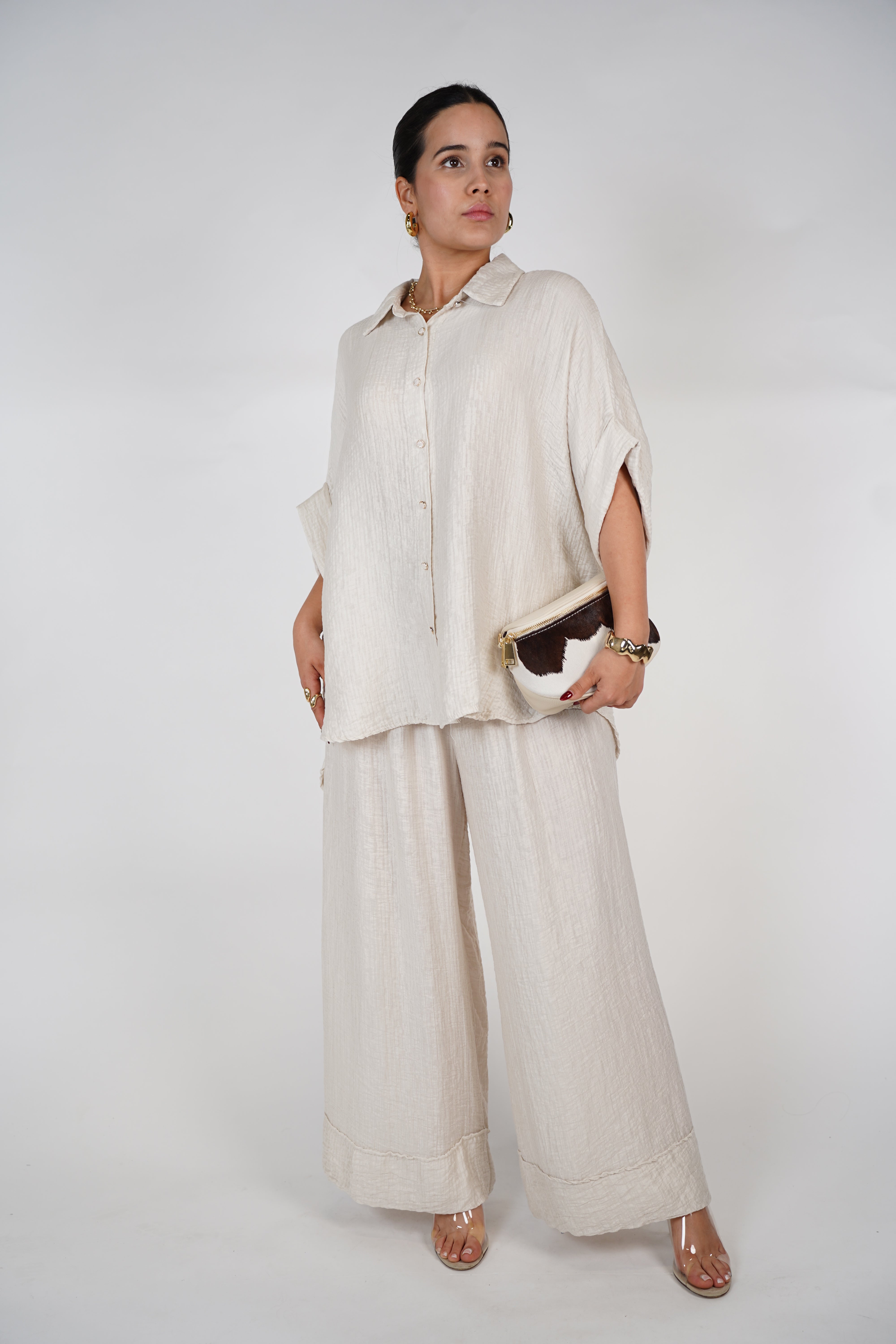 Evelyn Oversized Pants Set – Flowy Button Top & Wide-Leg Pants, One Size, Multiple Colors