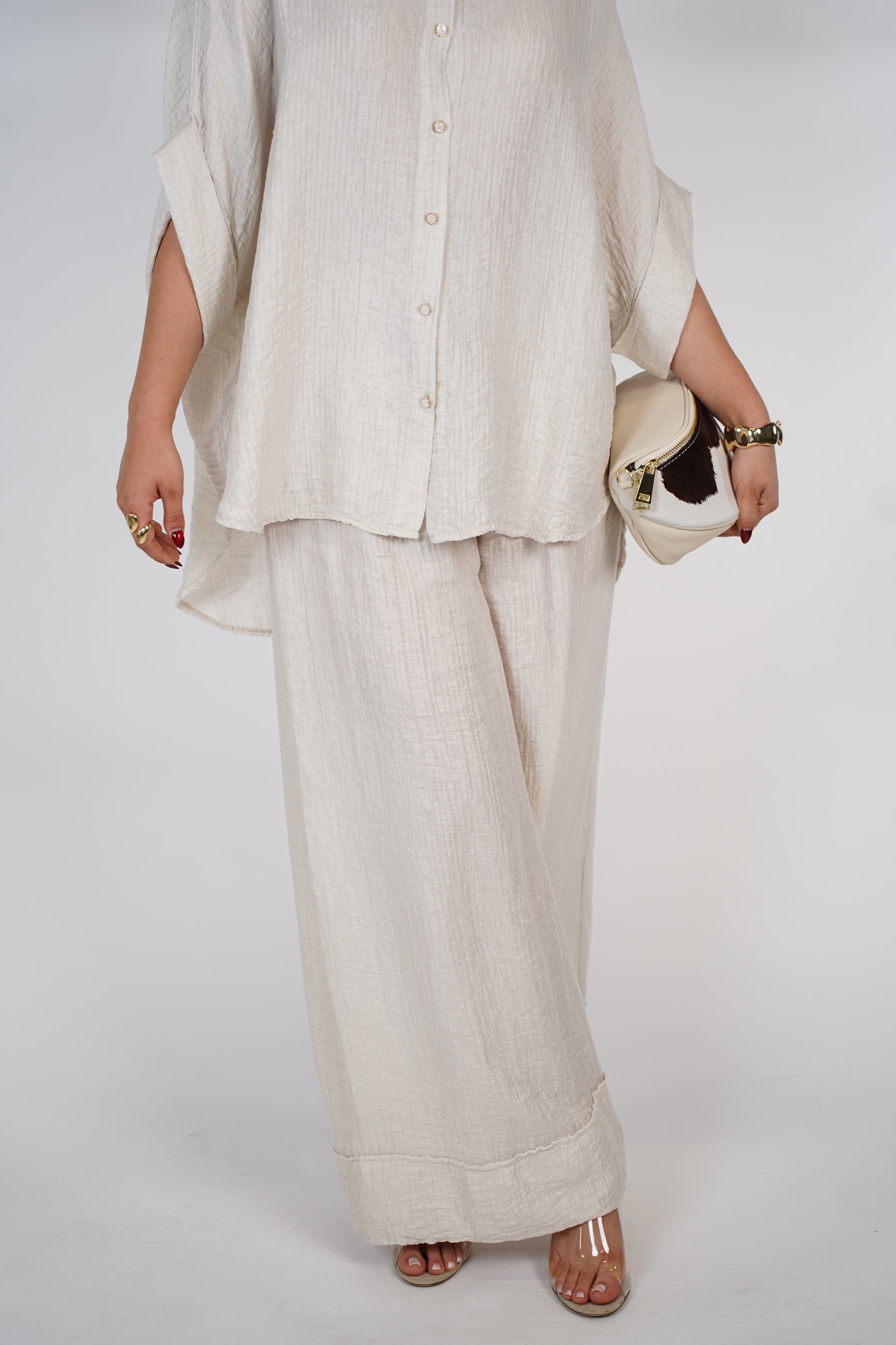 Evelyn Oversized Pants Set – Flowy Button Top & Wide-Leg Pants, One Size, Multiple Colors