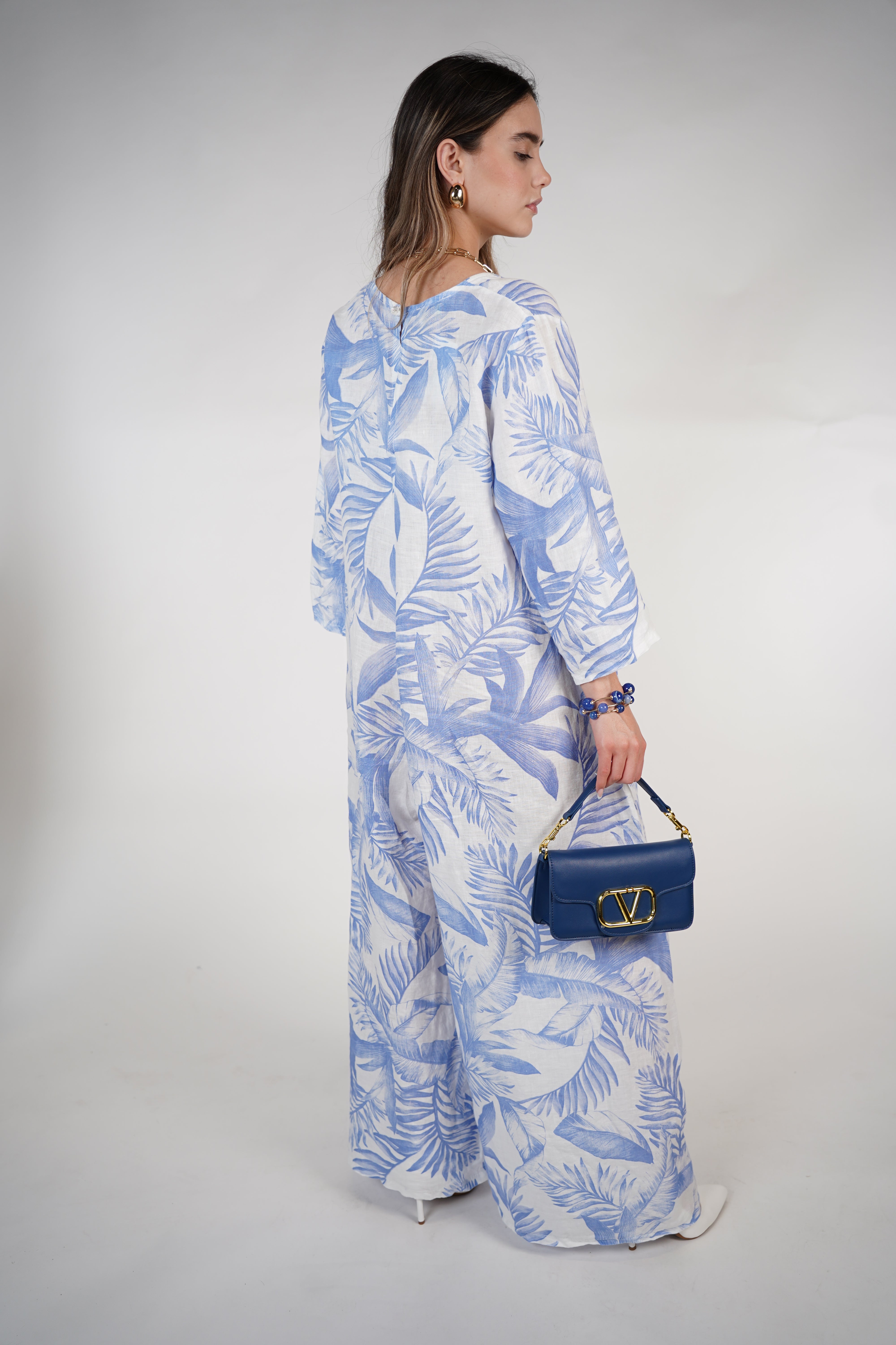 Kiora Stamped Linen Jumpsuit – Palm Print Wide-Leg One Piece