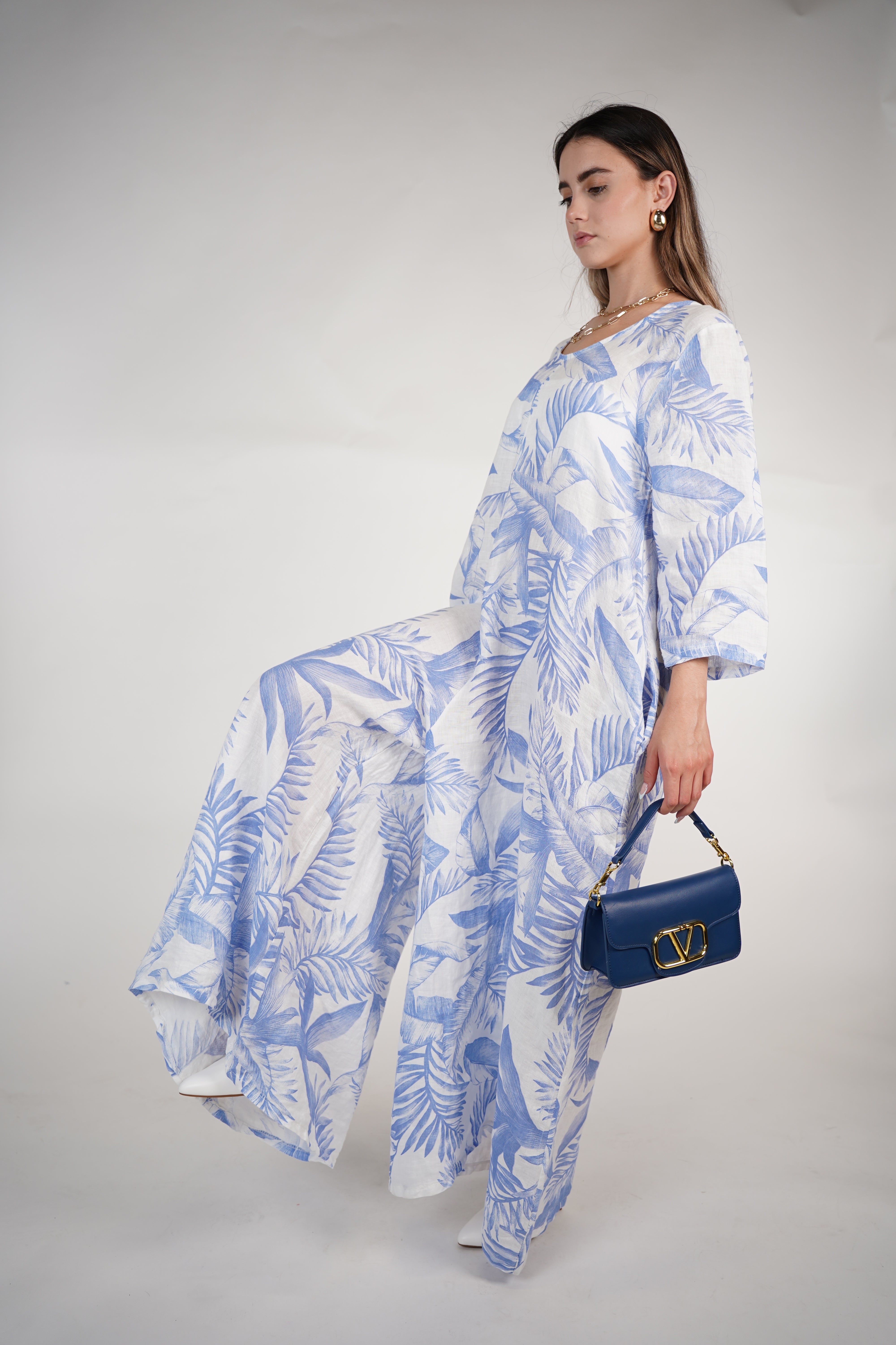 Kiora Stamped Linen Jumpsuit – Palm Print Wide-Leg One Piece