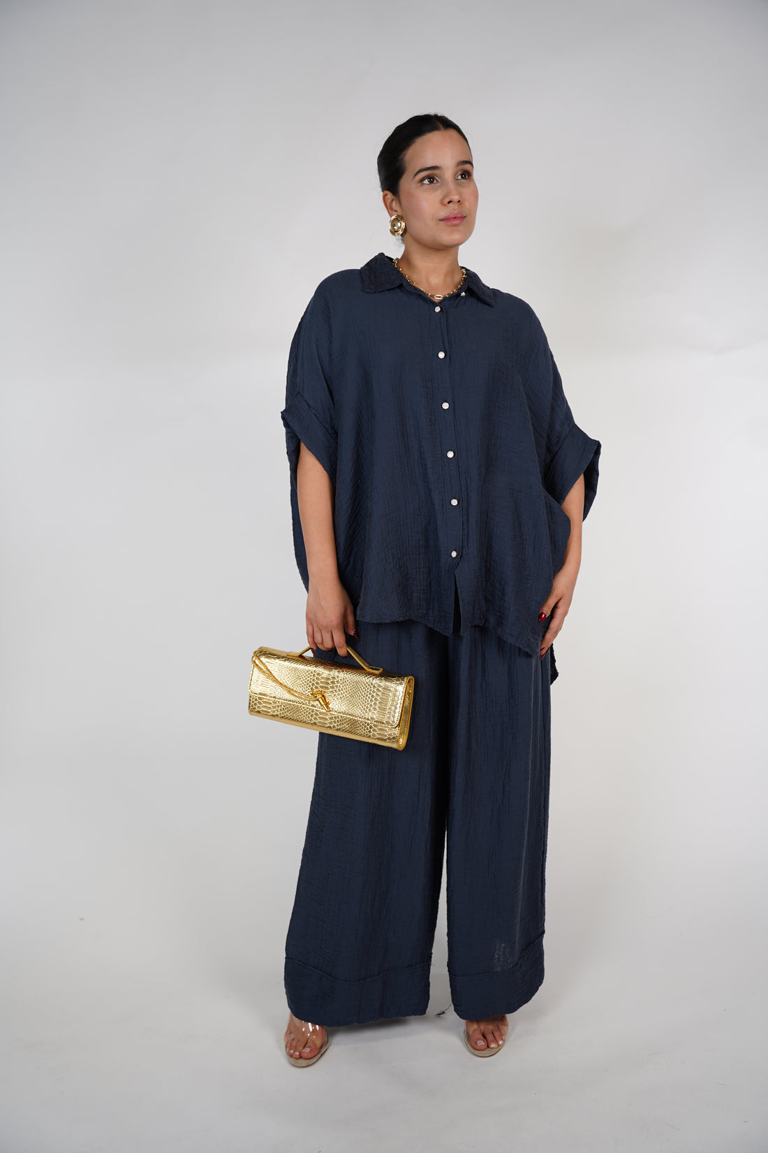 Evelyn Oversized Pants Set – Flowy Button Top & Wide-Leg Pants, One Size, Multiple Colors