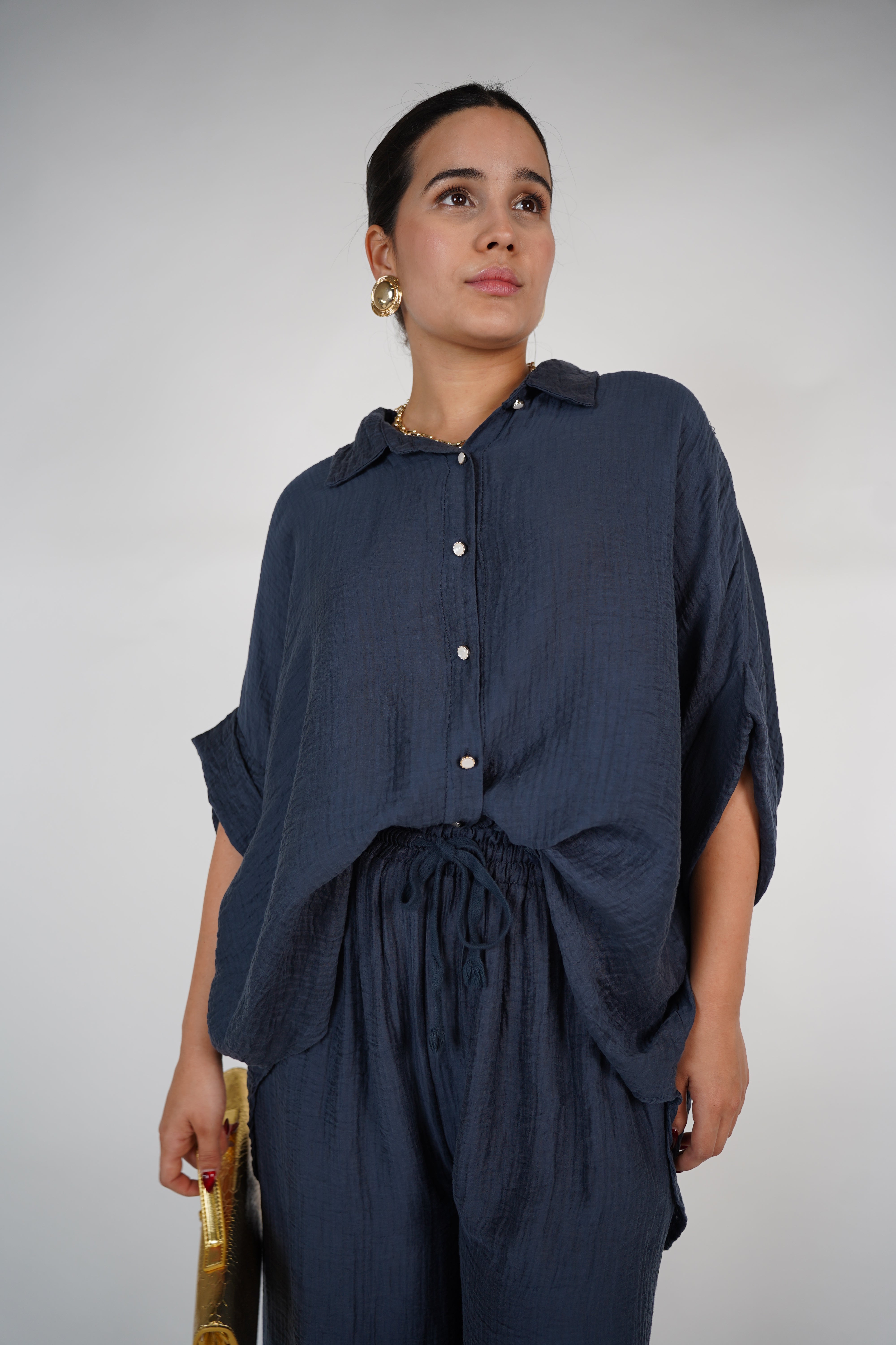 Evelyn Oversized Pants Set – Flowy Button Top & Wide-Leg Pants, One Size, Multiple Colors