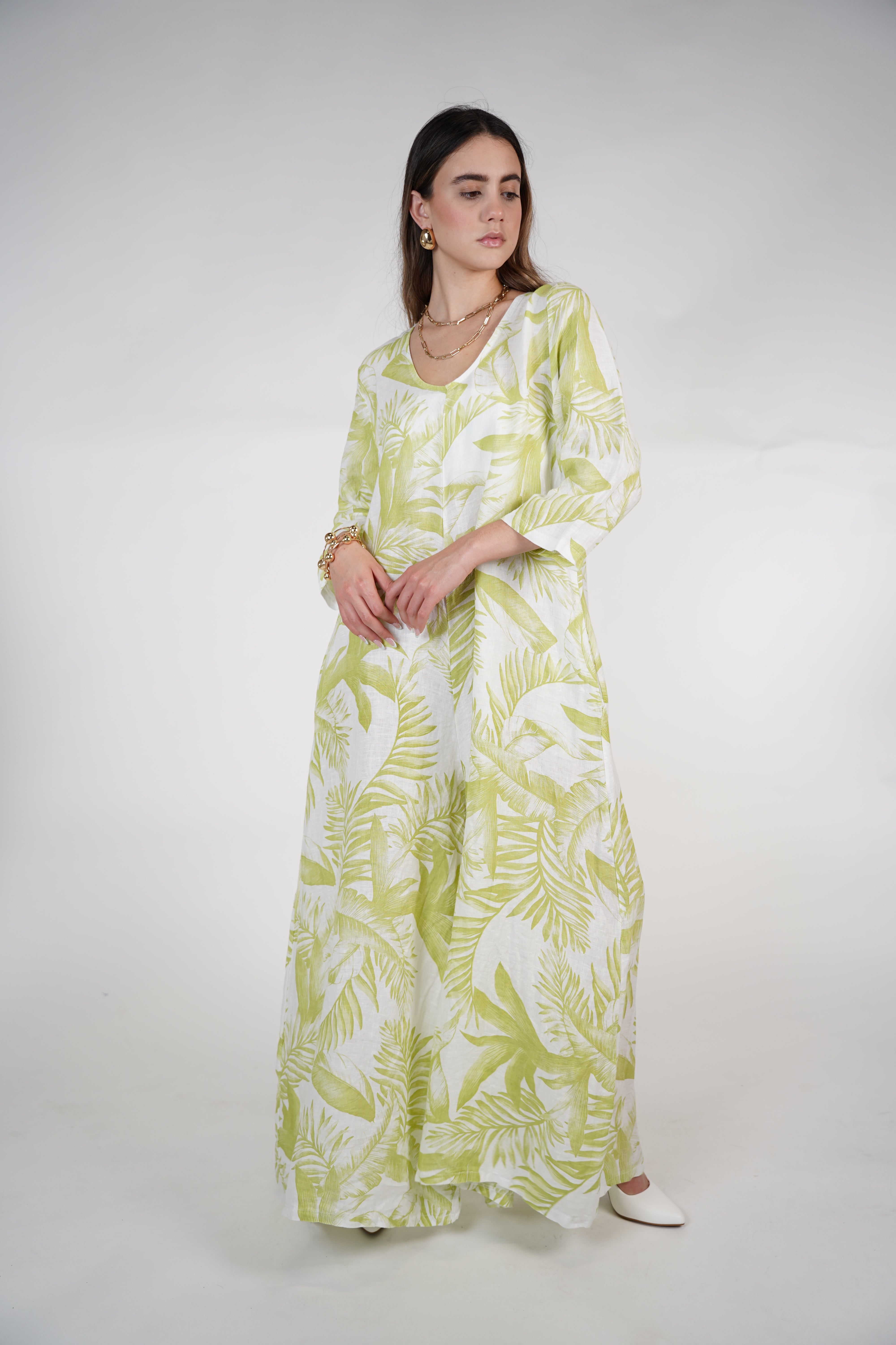 Kiora Stamped Linen Jumpsuit – Palm Print Wide-Leg One Piece