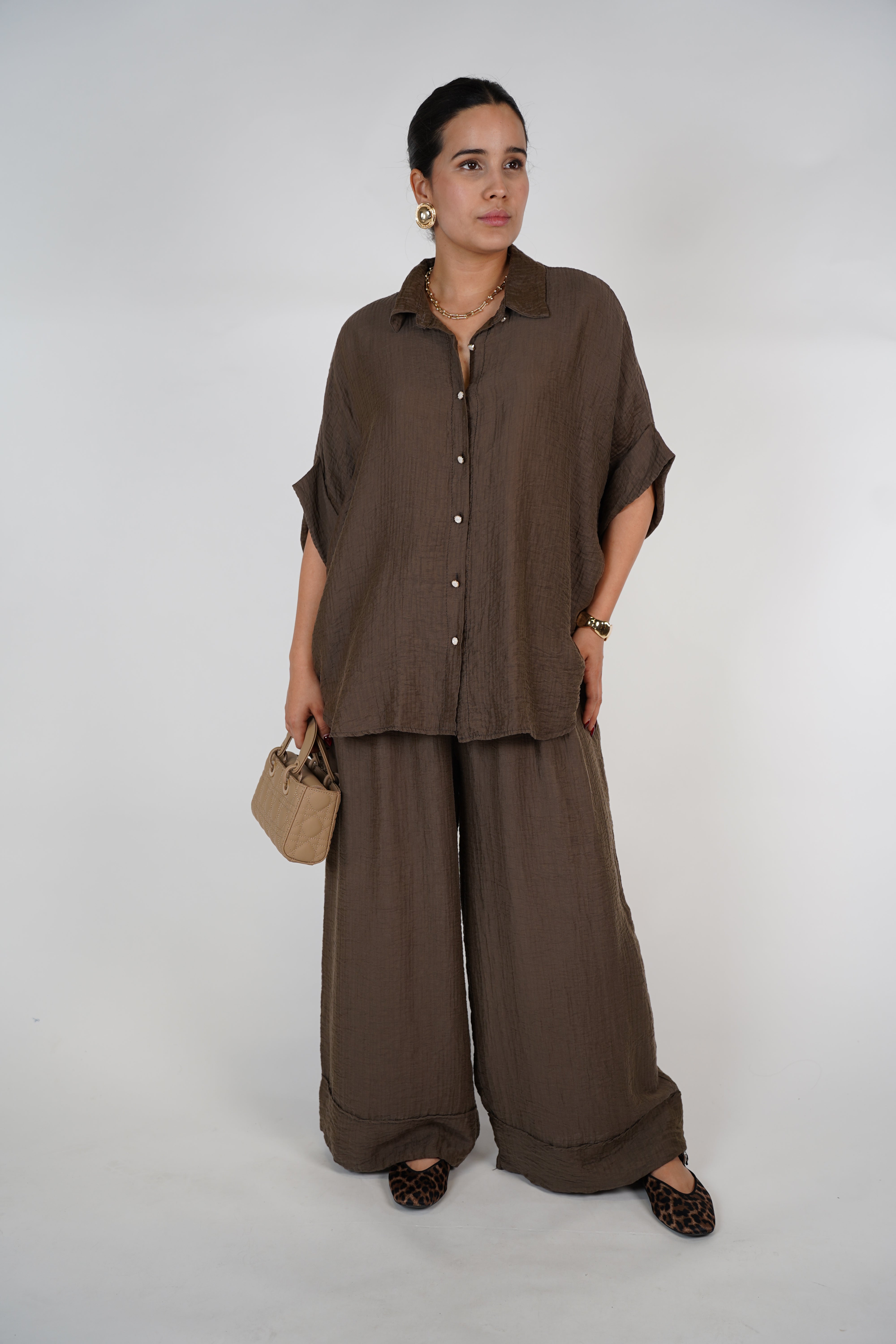 Evelyn Oversized Pants Set – Flowy Button Top & Wide-Leg Pants, One Size, Multiple Colors