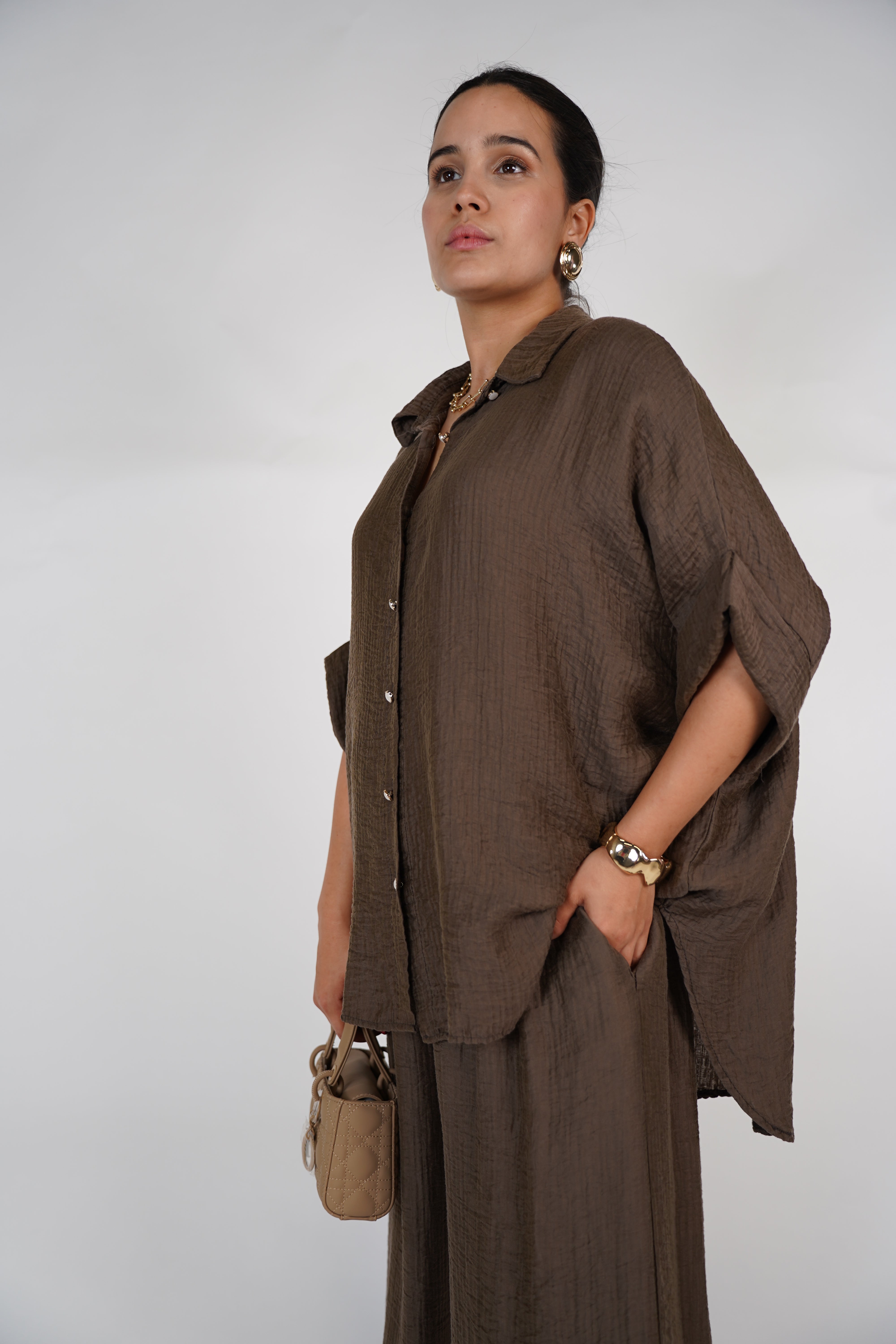 Evelyn Oversized Pants Set – Flowy Button Top & Wide-Leg Pants, One Size, Multiple Colors