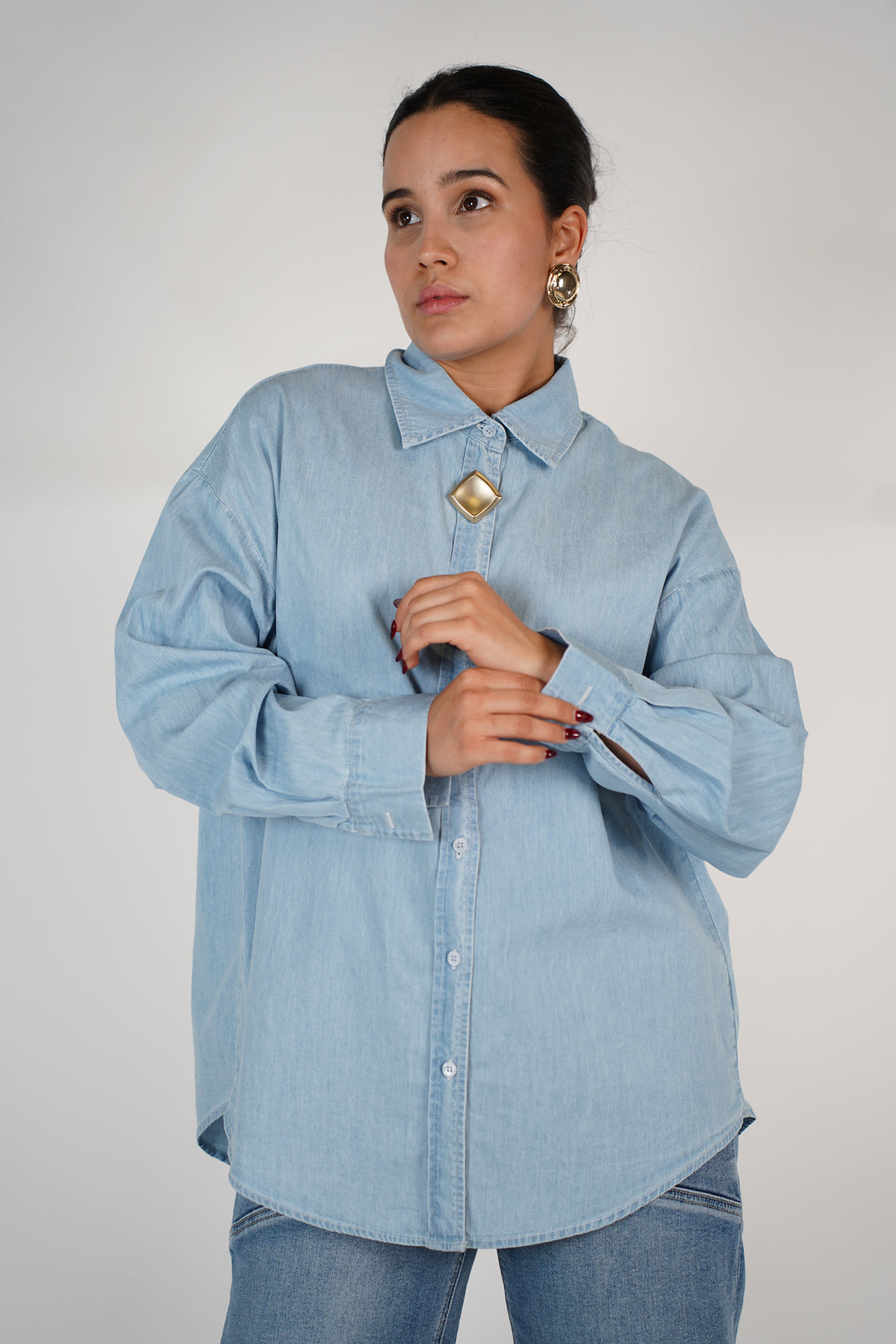 Ressi Exotic Button Down – Light Denim Shirt with Statement Jewelry Buttons