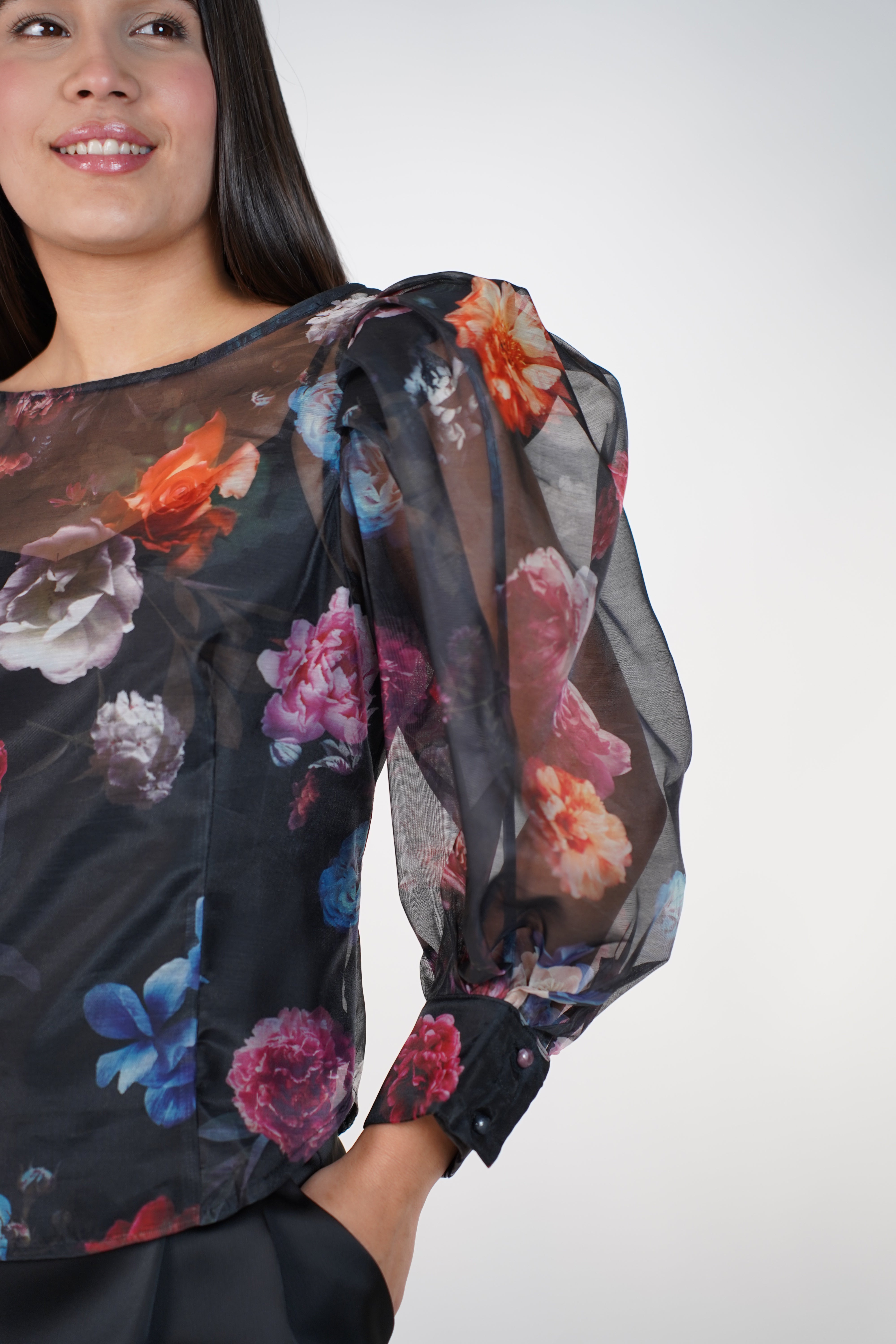 Zorevia Floral Puff Sleeve Top – Sheer Romantic Statement Blouse