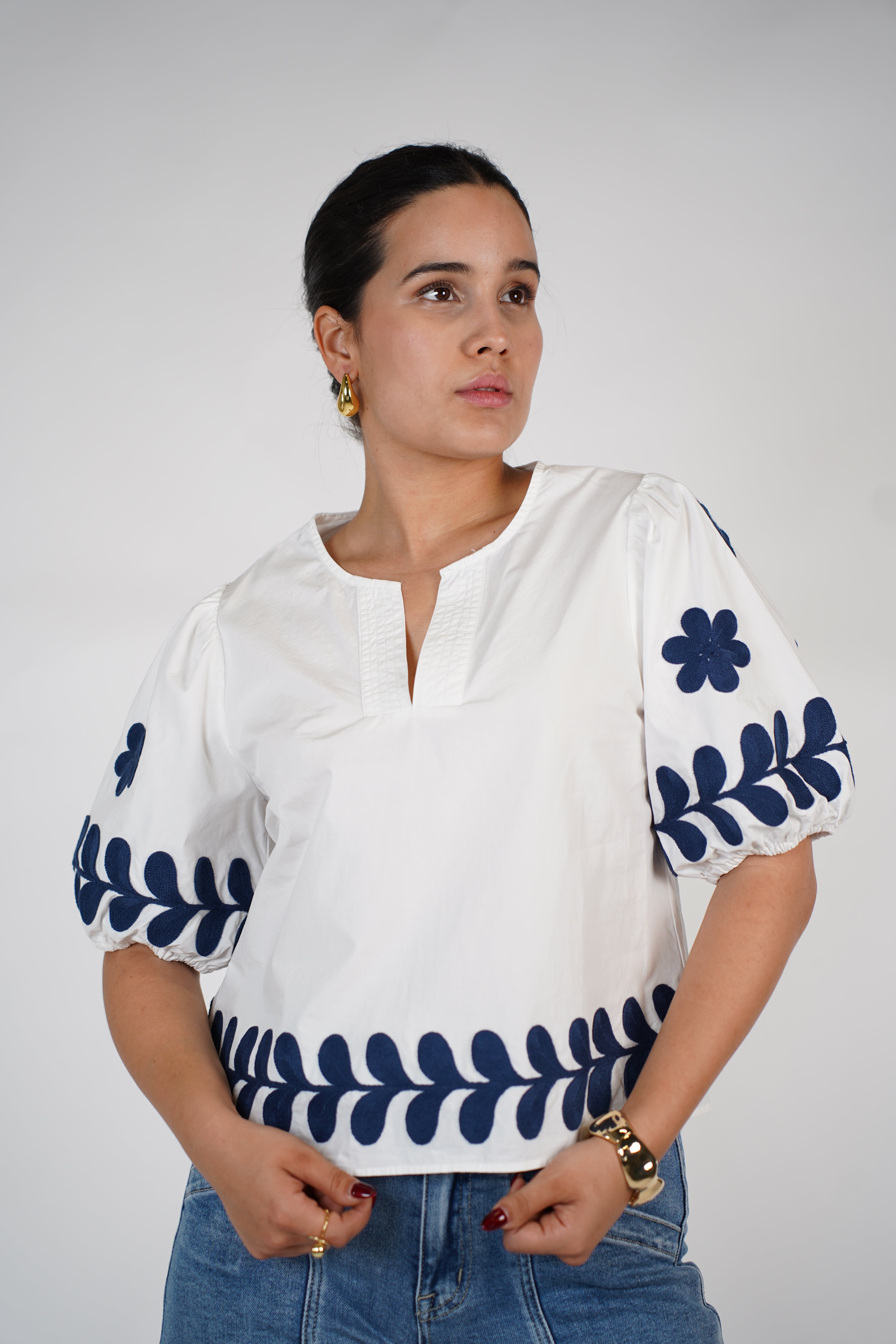 Deyln Puff Sleeve Top – Embroidered White Cotton Blouse with Navy Details