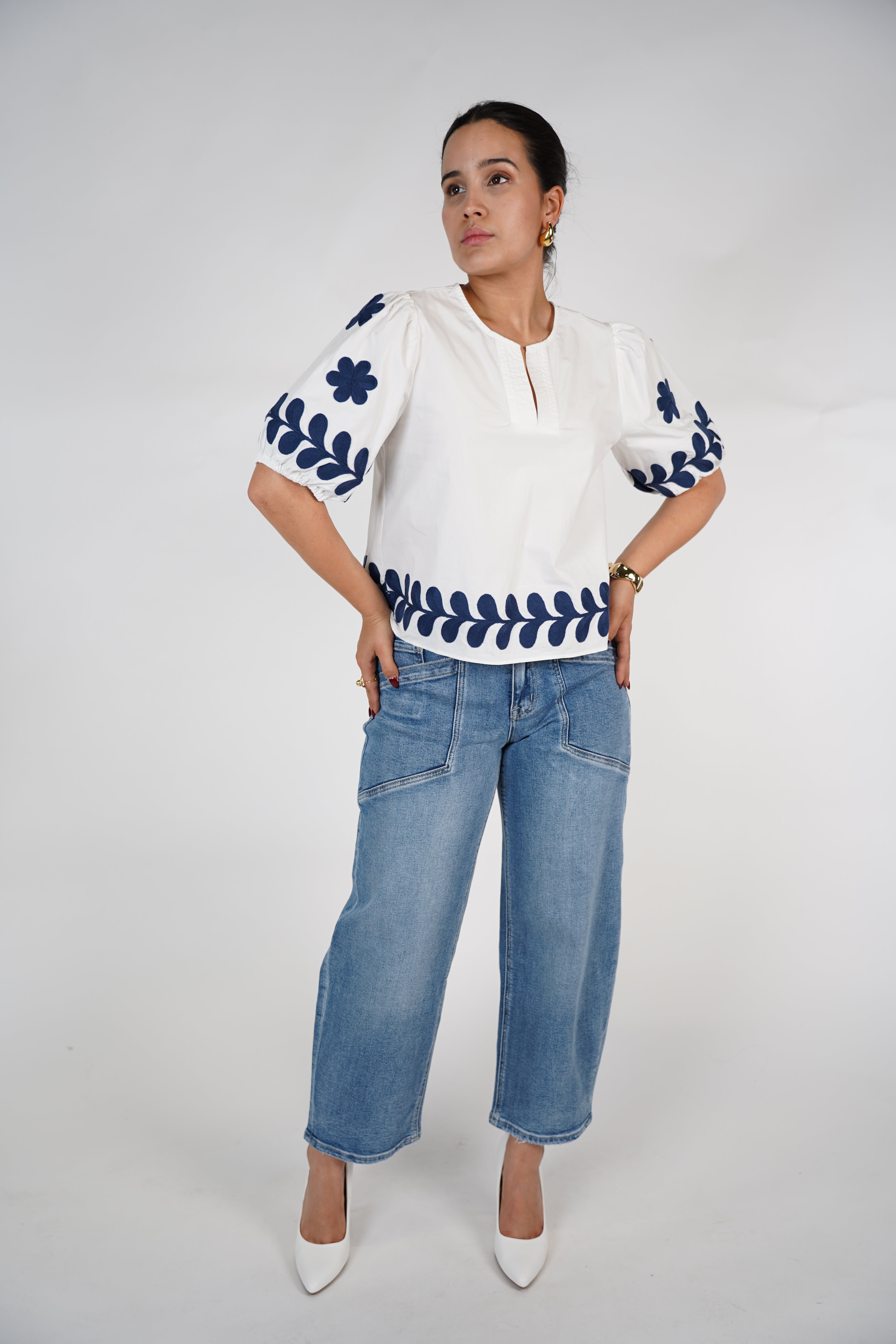 Deyln Puff Sleeve Top – Embroidered White Cotton Blouse with Navy Details