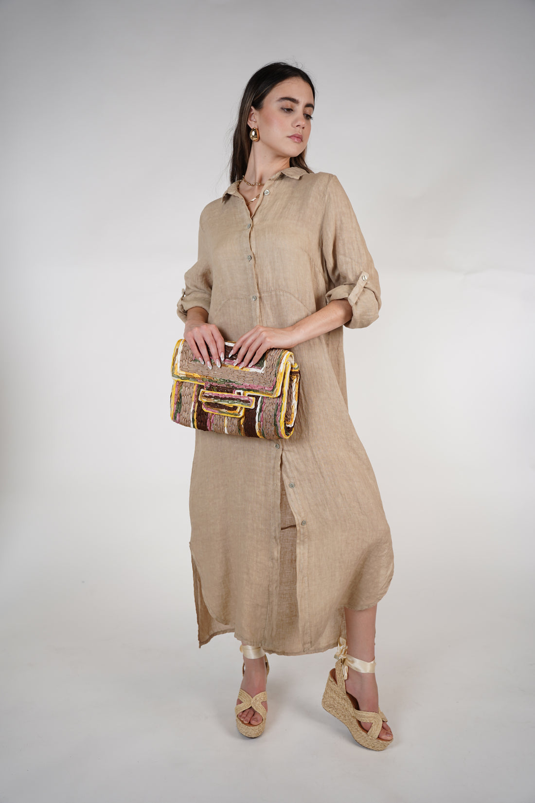 Marzei Linen Maxi Dress – Button-Down Long Shirt Dress, One Size, Multiple Colors