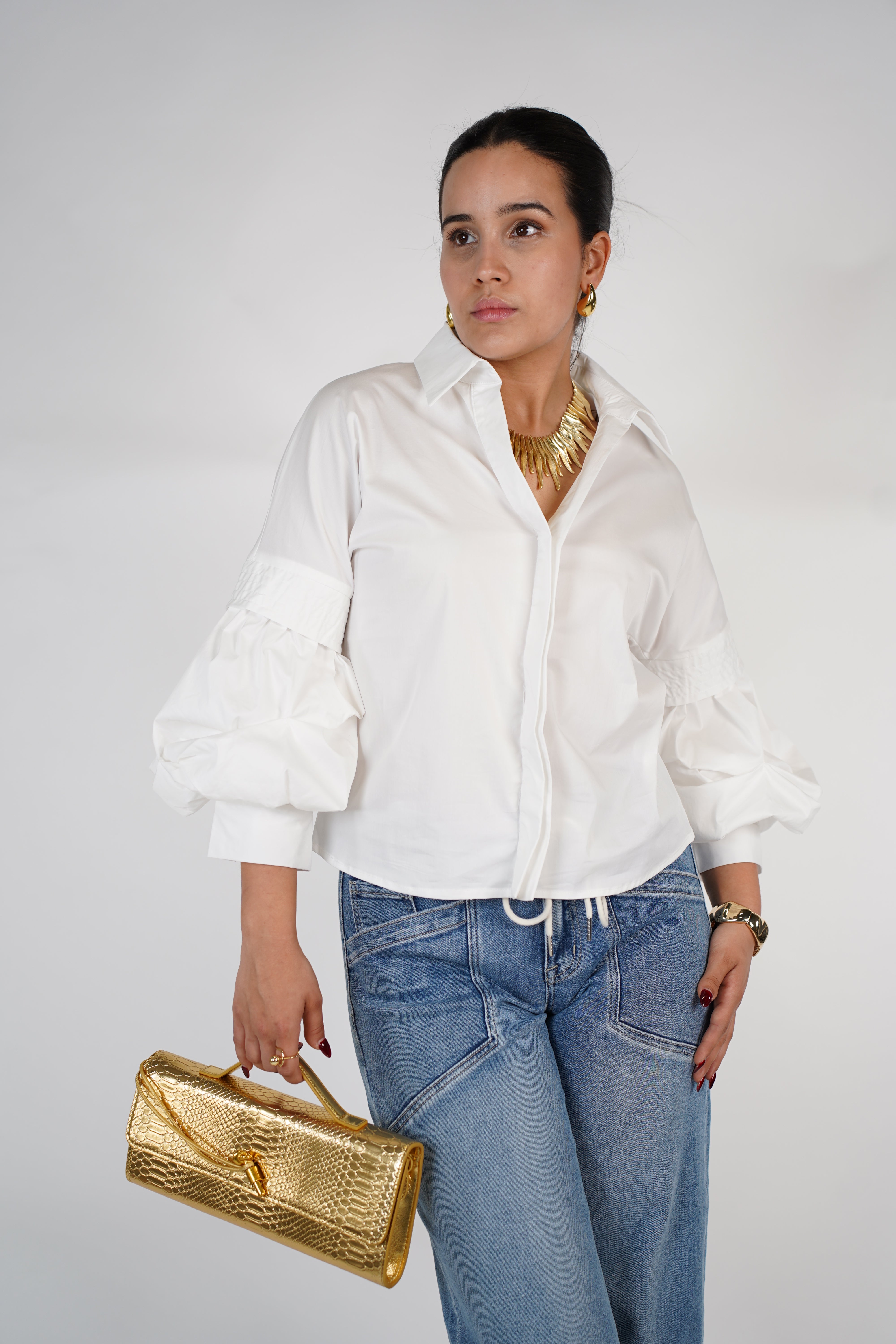 Lomie Puff Sleeve Top – White Poplin Shirt with Voluminous Sleeves