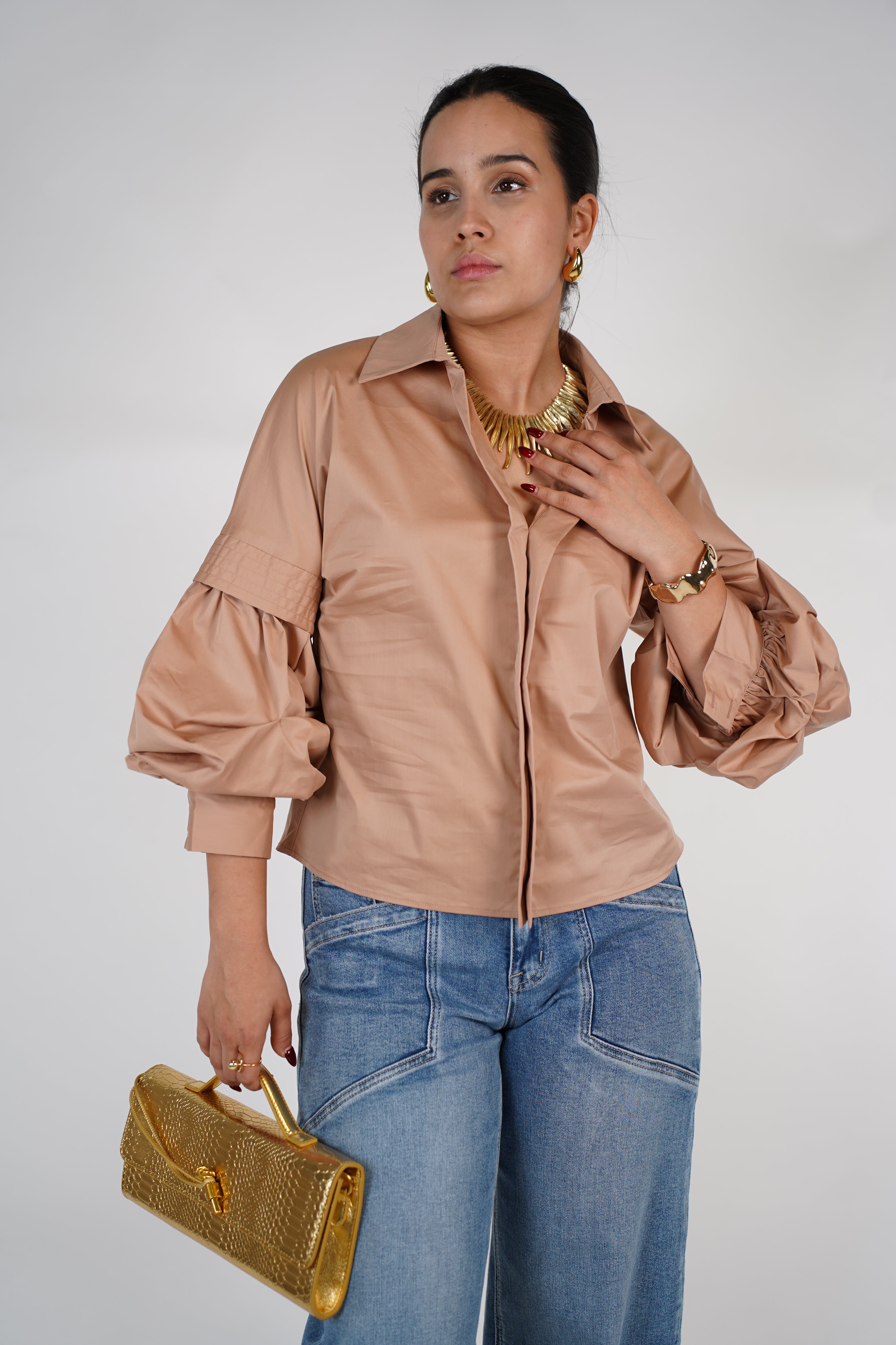 Lomie Puff Sleeve Top – White Poplin Shirt with Voluminous Sleeves