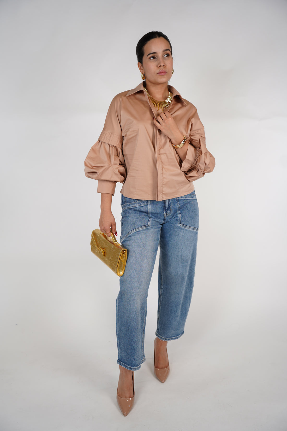 Lomie Puff Sleeve Top – White Poplin Shirt with Voluminous Sleeves