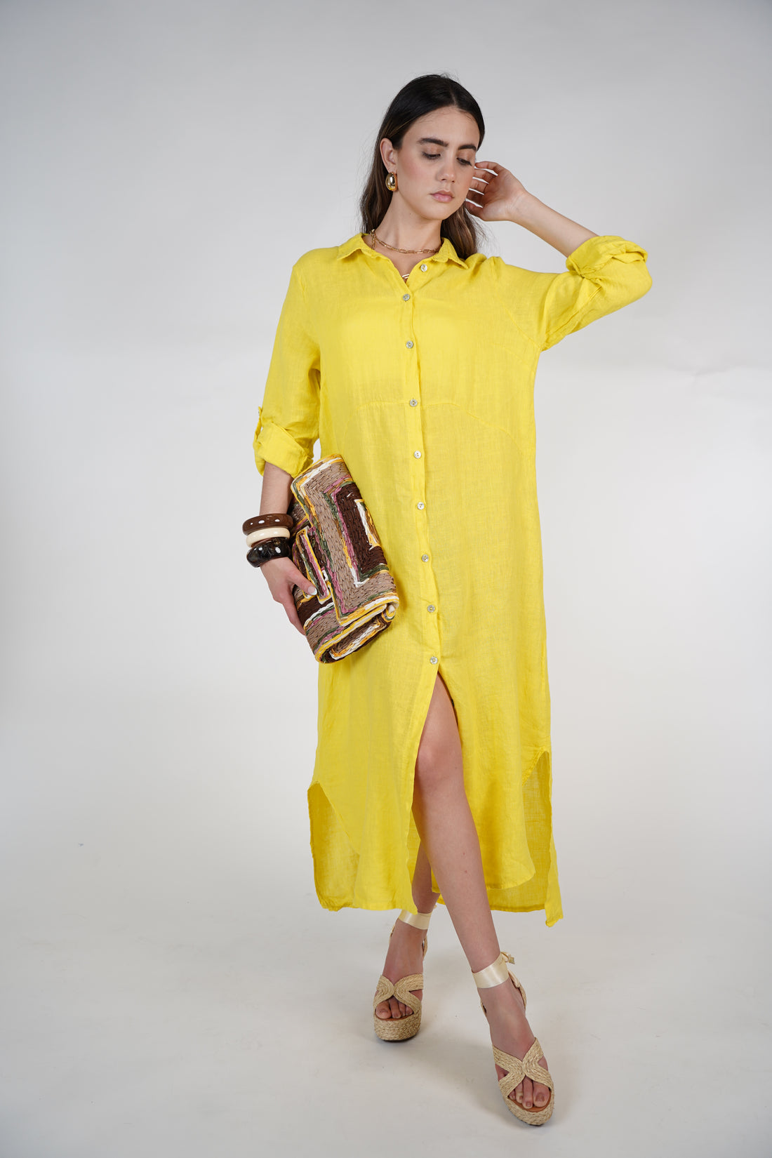 Marzei Linen Maxi Dress – Button-Down Long Shirt Dress, One Size, Multiple Colors