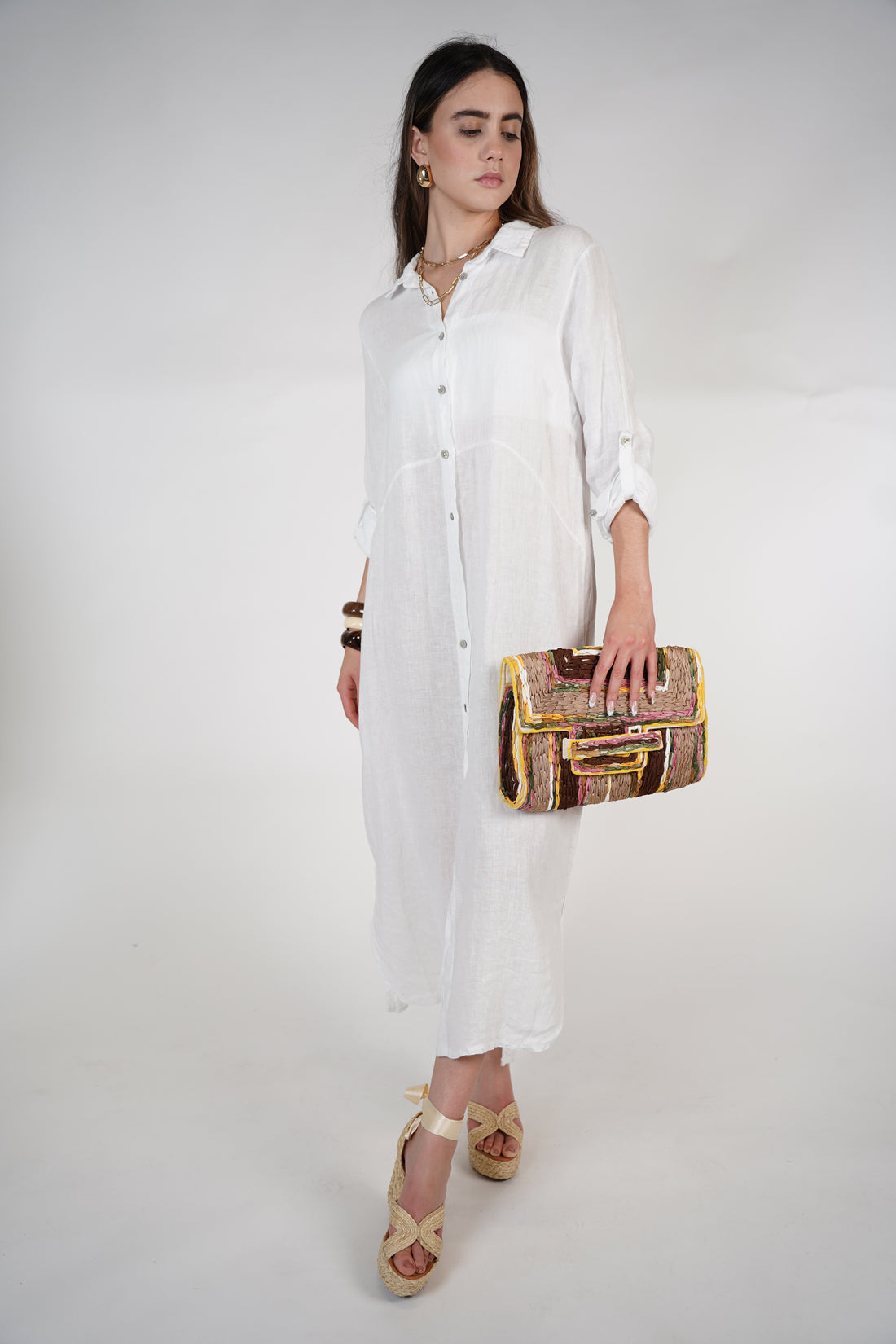 Marzei Linen Maxi Dress – Button-Down Long Shirt Dress, One Size, Multiple Colors