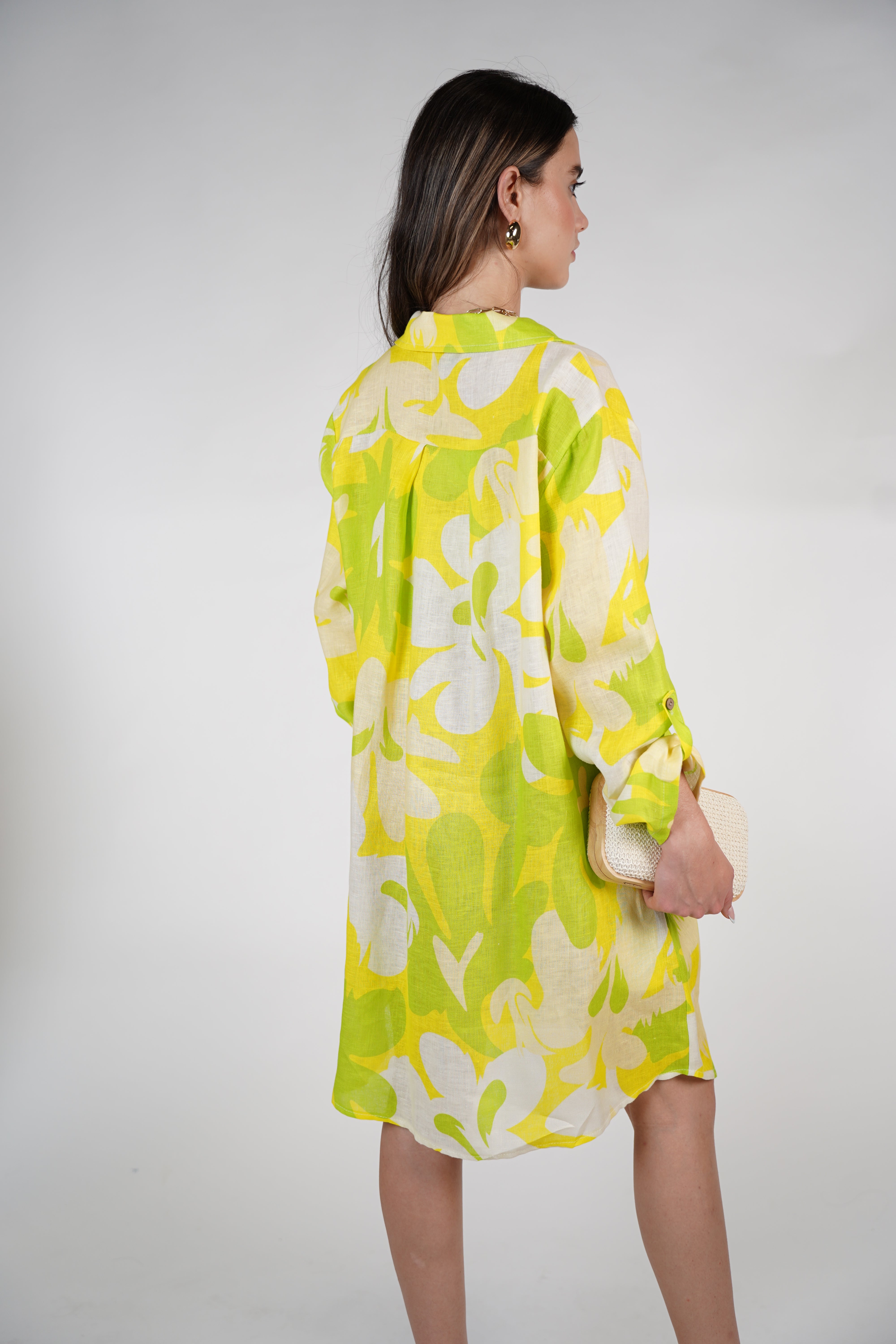 Aylin Stamped Linen Dress – Bright Yellow & Lime Button-Down Shirt Dress