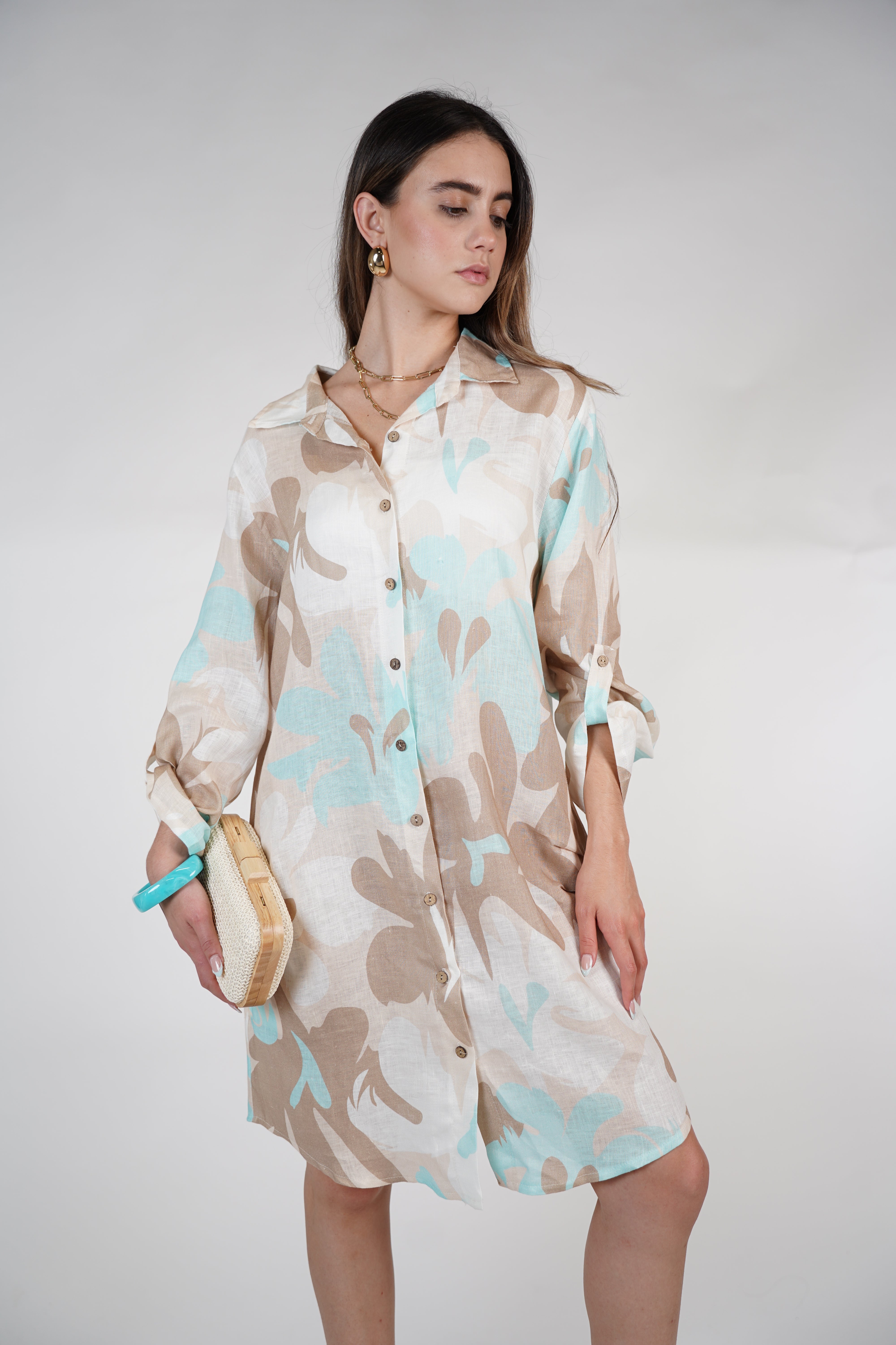 Aylin Stamped Linen Dress – Bright Yellow & Lime Button-Down Shirt Dress