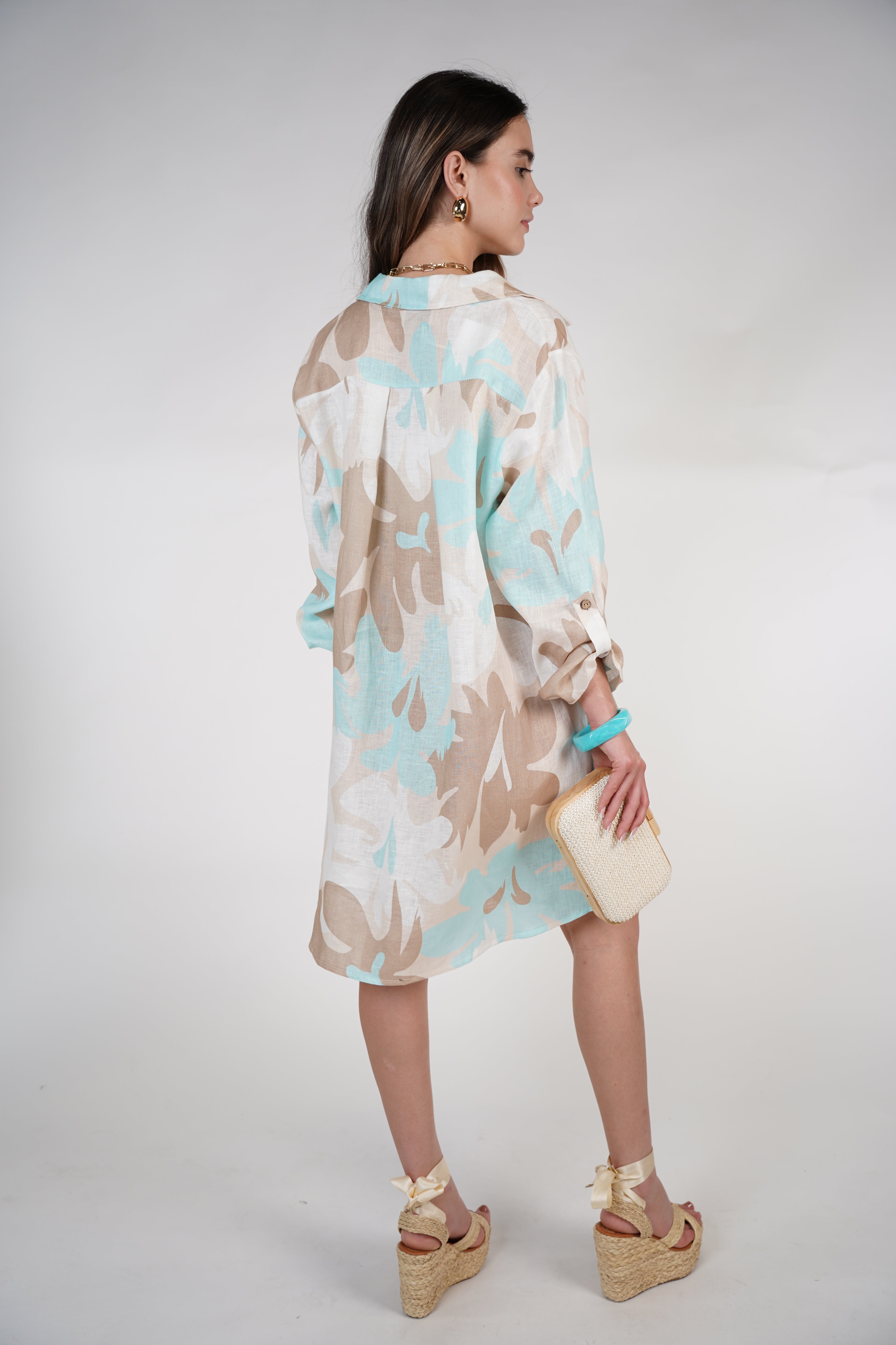 Aylin Stamped Linen Dress – Bright Yellow & Lime Button-Down Shirt Dress