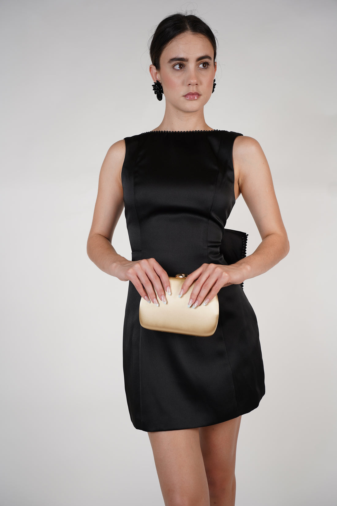 Vella Bow Mini Dress – Black Satin Open-Back Dress with Oversized Bow