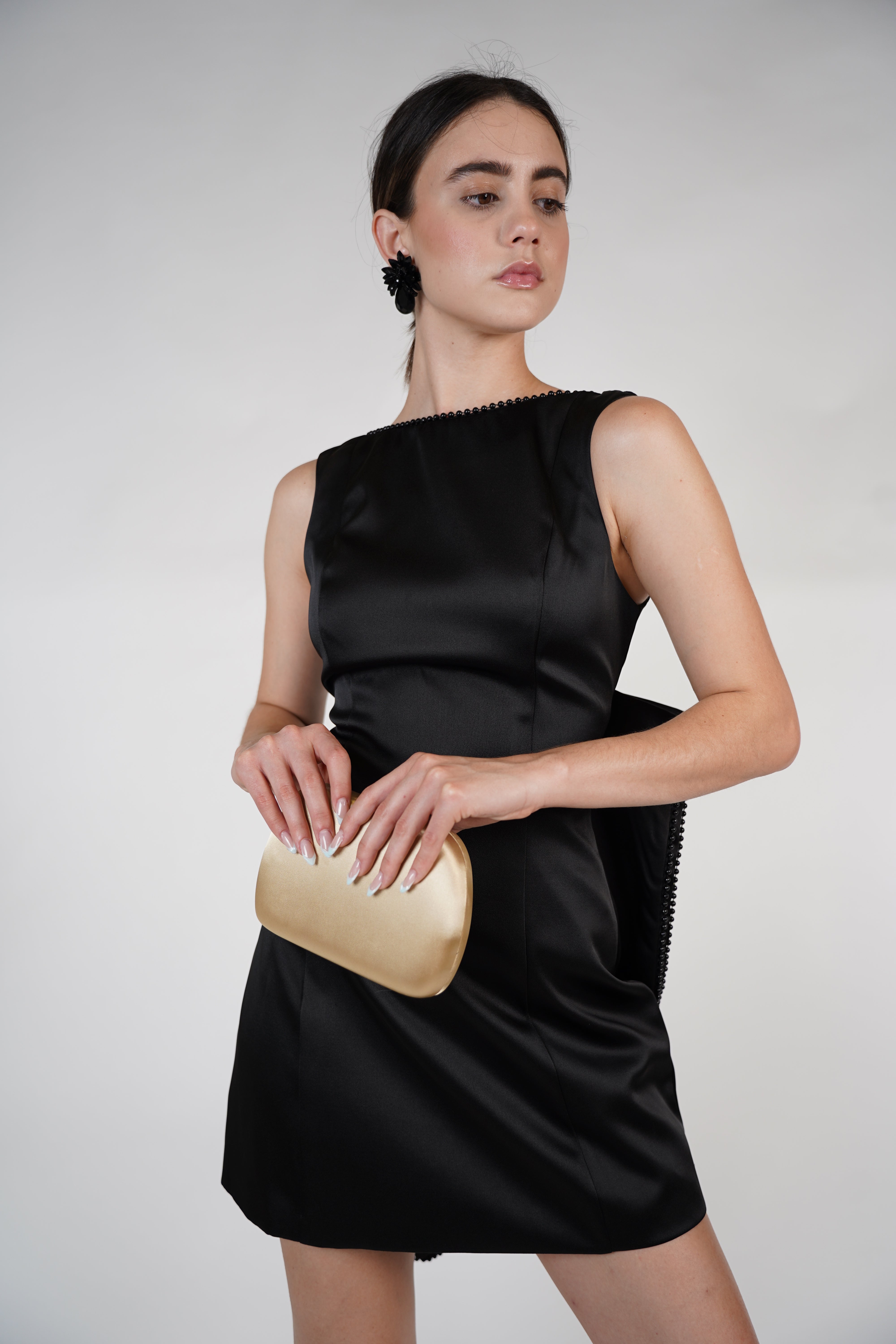 Vella Bow Mini Dress – Black Satin Open-Back Dress with Oversized Bow