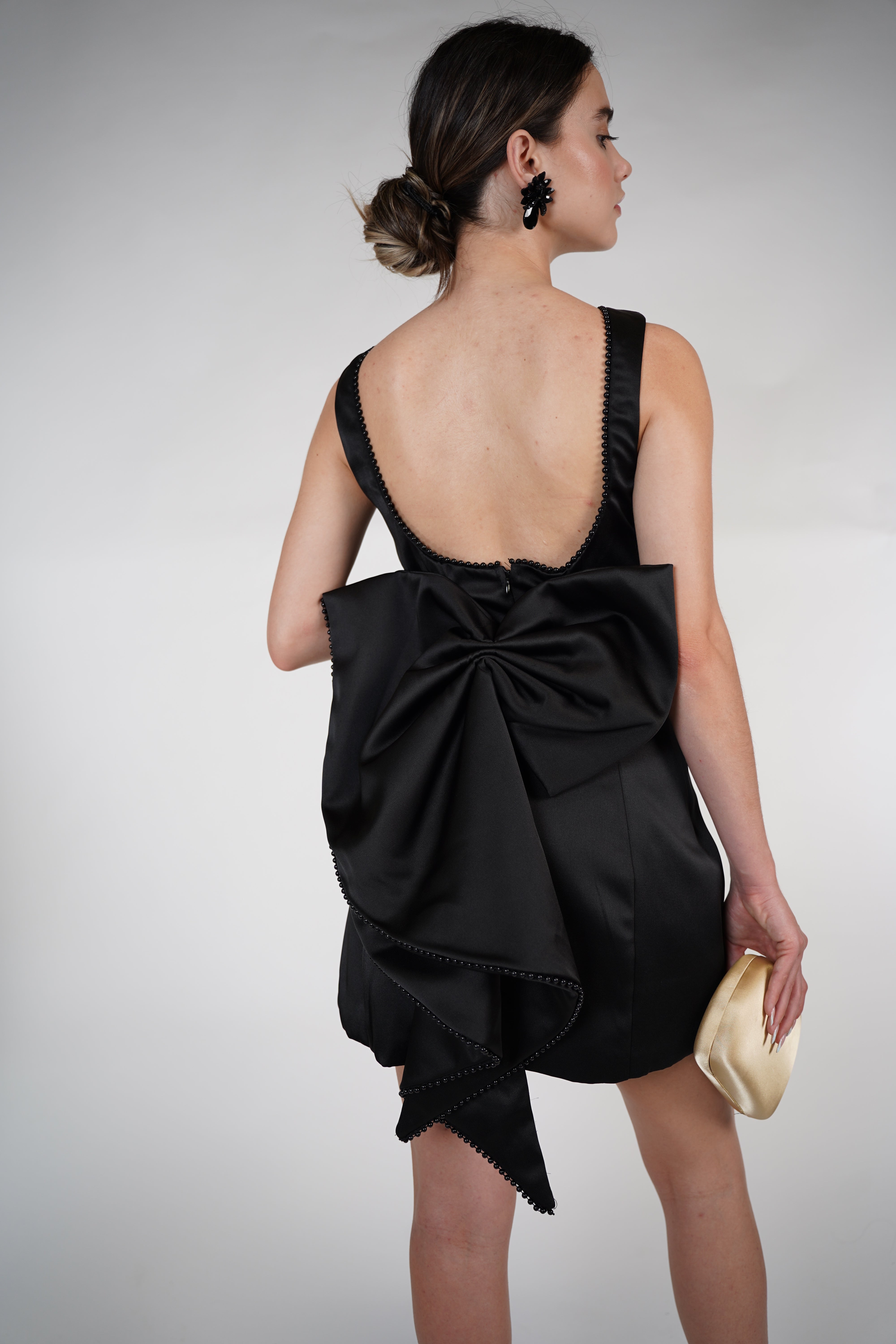 Vella Bow Mini Dress – Black Satin Open-Back Dress with Oversized Bow