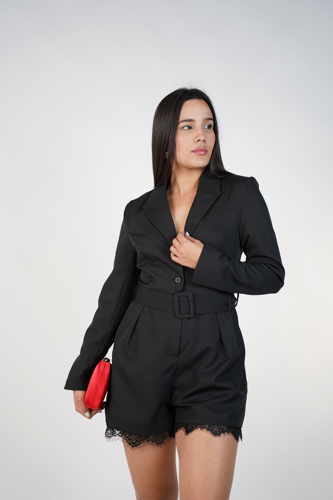 Celoura Lace Romper – Tailored Belted Blazer Romper