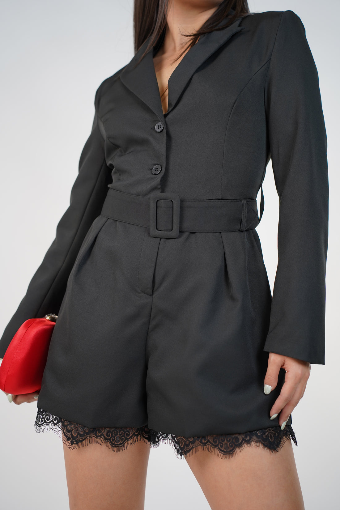 Celoura Lace Romper – Tailored Belted Blazer Romper