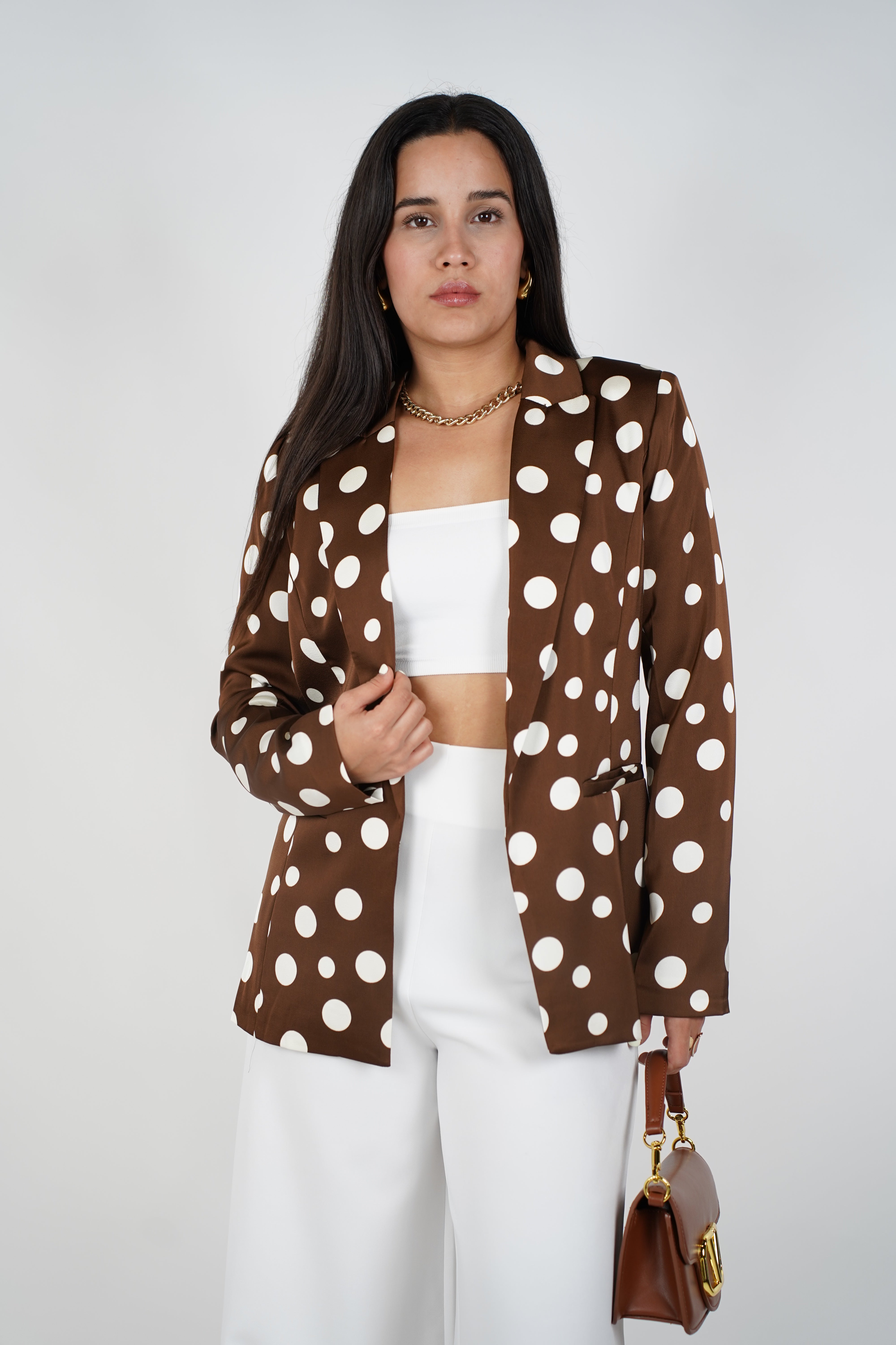 Jareli Polka Dot Blazer – Bold Satin Blazer with Black and White Retro Flair