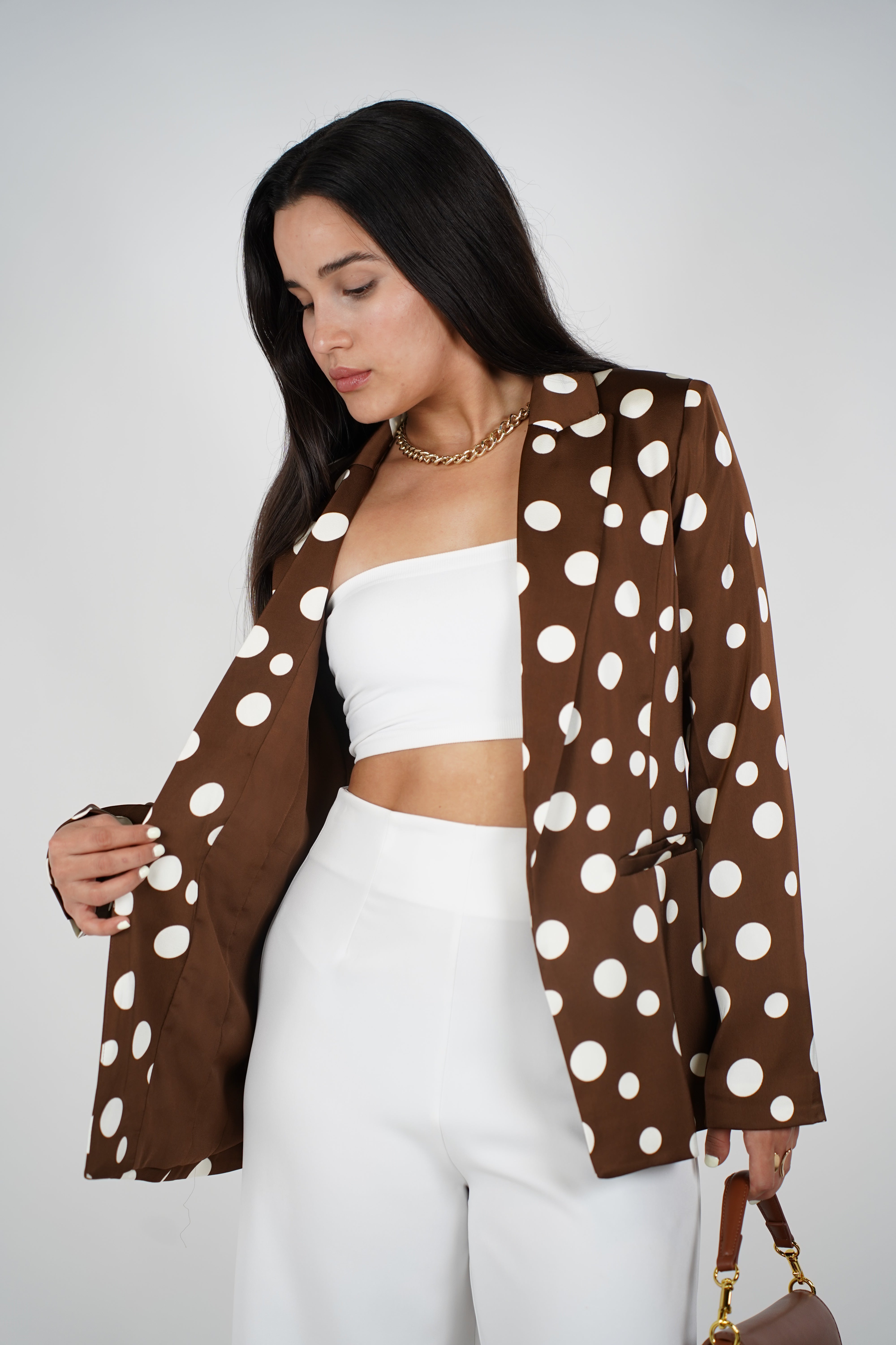 Jareli Polka Dot Blazer – Bold Satin Blazer with Black and White Retro Flair