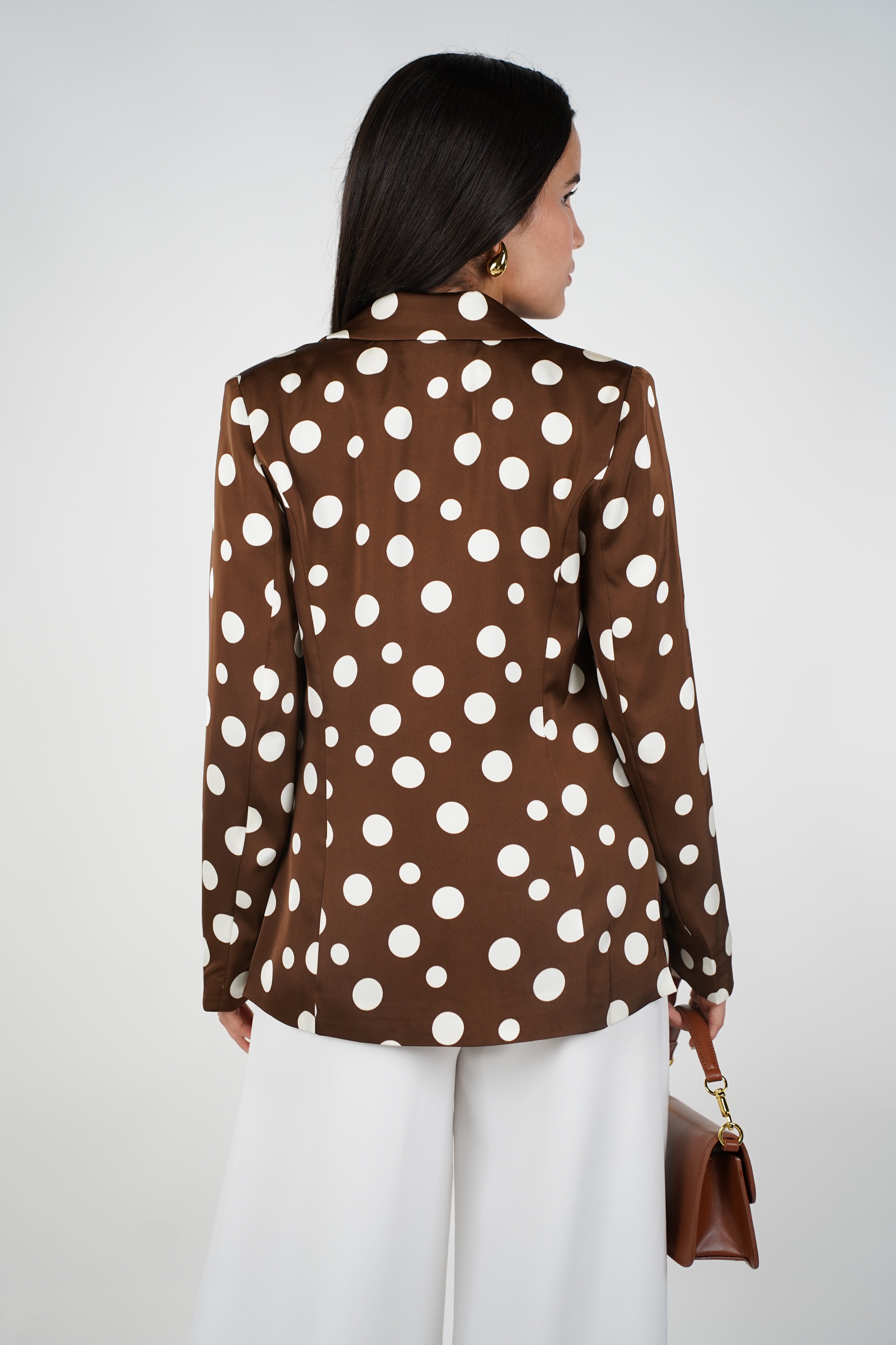 Jareli Polka Dot Blazer – Bold Satin Blazer with Black and White Retro Flair