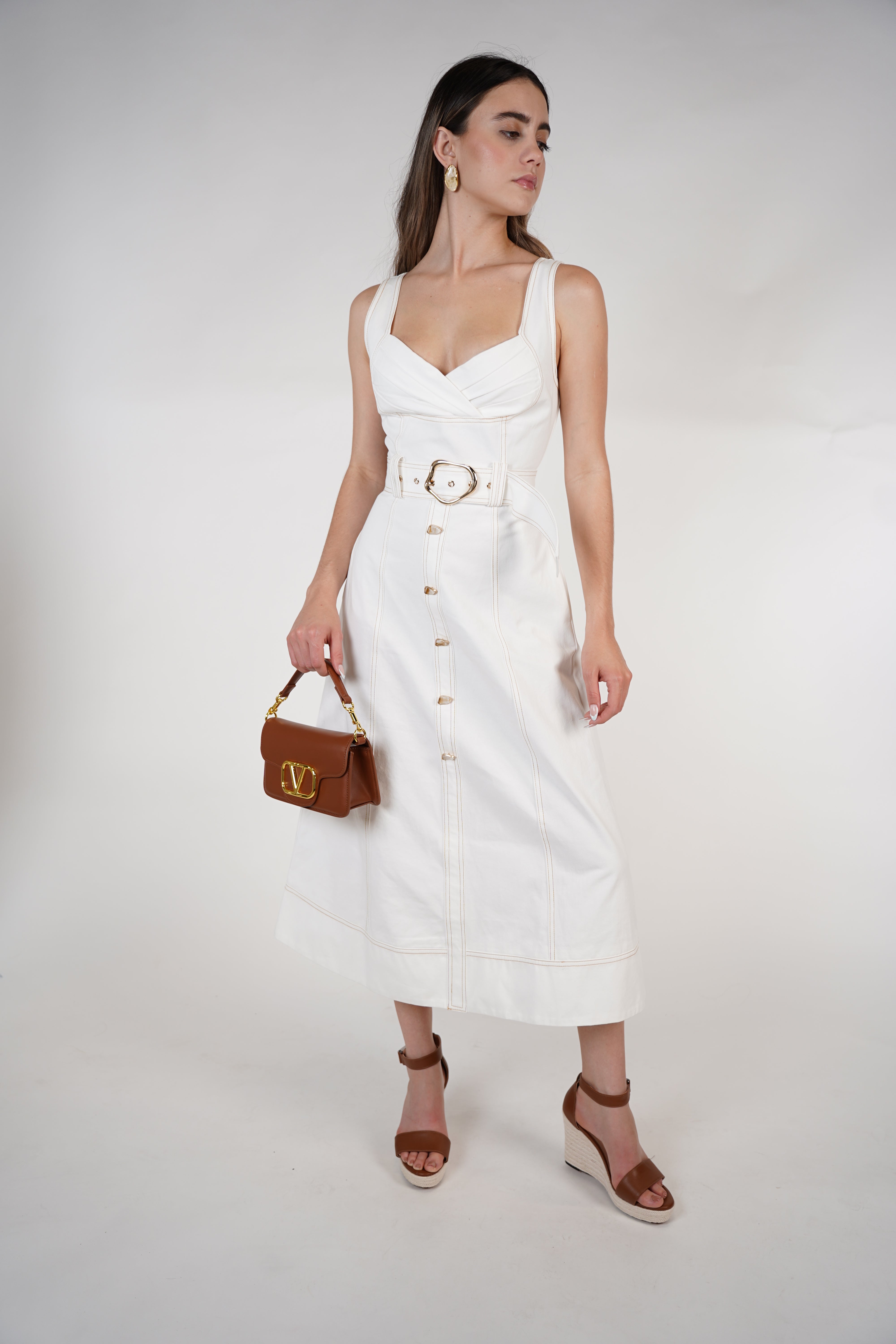 Alari Belted Maxi Dress – White Structured Dress with Belted Waist & Button Detail
