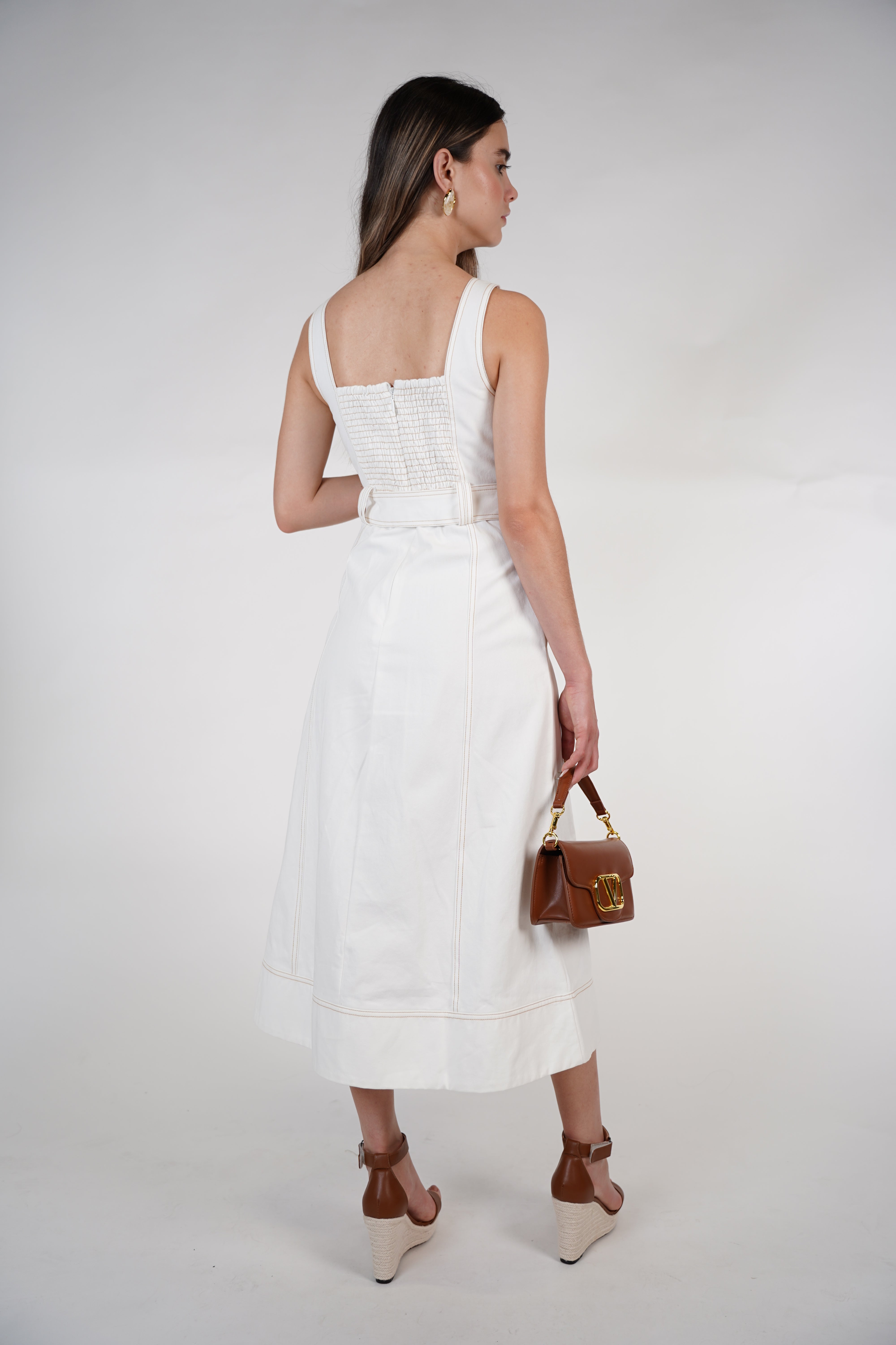 Alari Belted Maxi Dress – White Structured Dress with Belted Waist & Button Detail