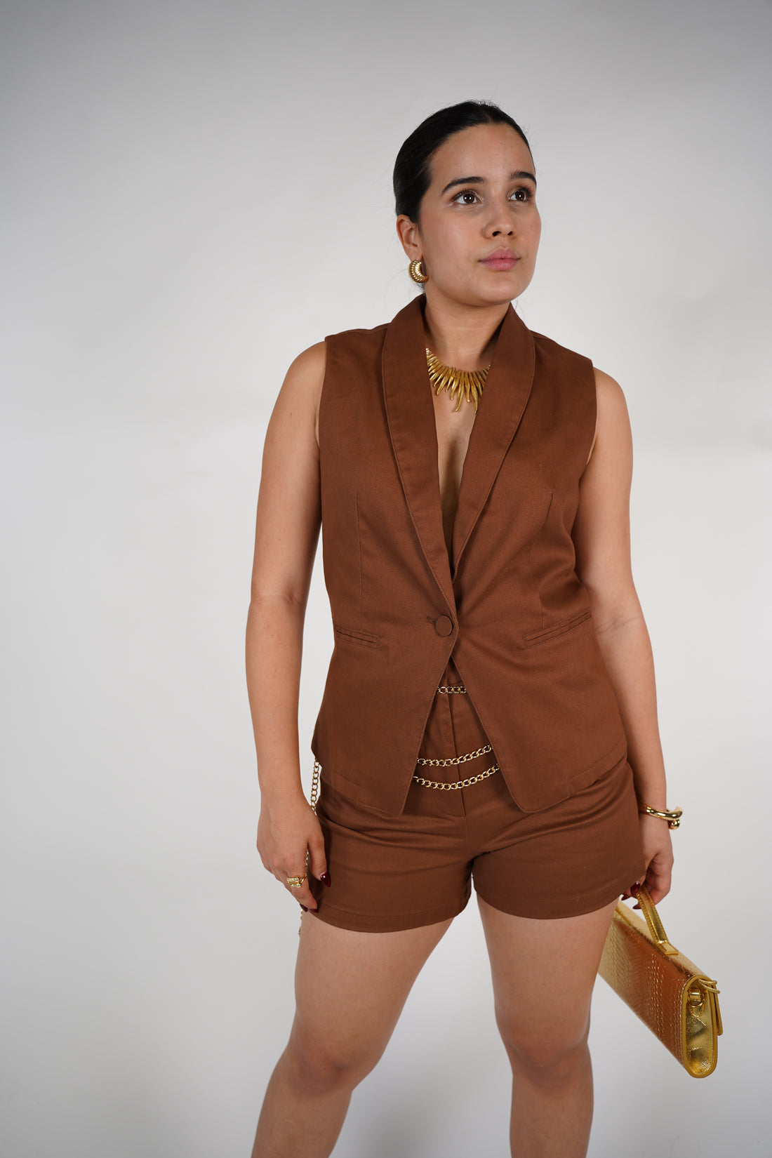 Haven Shorts Set – Sleek Sleeveless Blazer & Tailored Shorts in Chocolate Brown