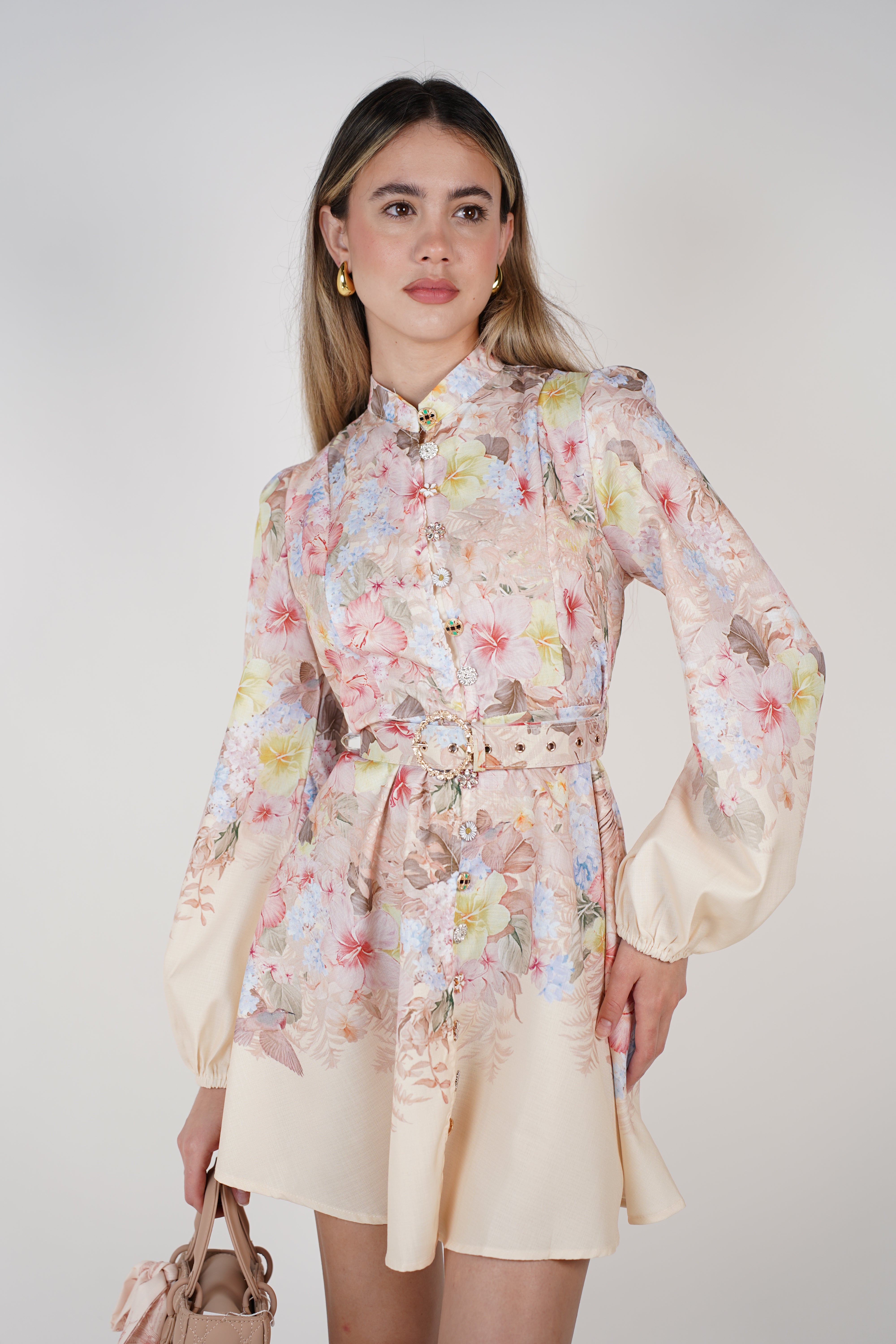 Elzea Stamped Mini Dress – Floral Button-Up Satin Mini with Belt
