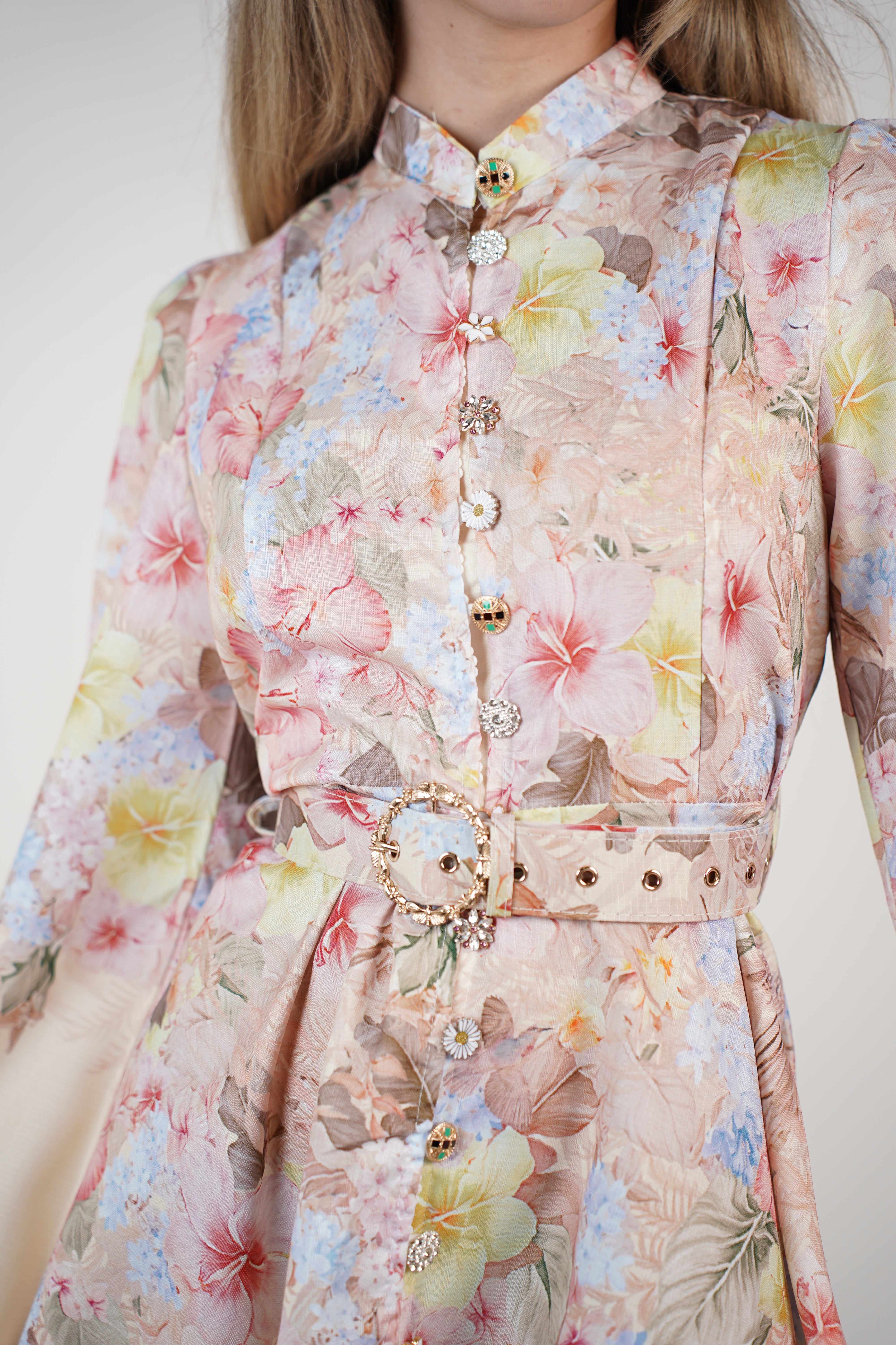 Elzea Stamped Mini Dress – Floral Button-Up Satin Mini with Belt