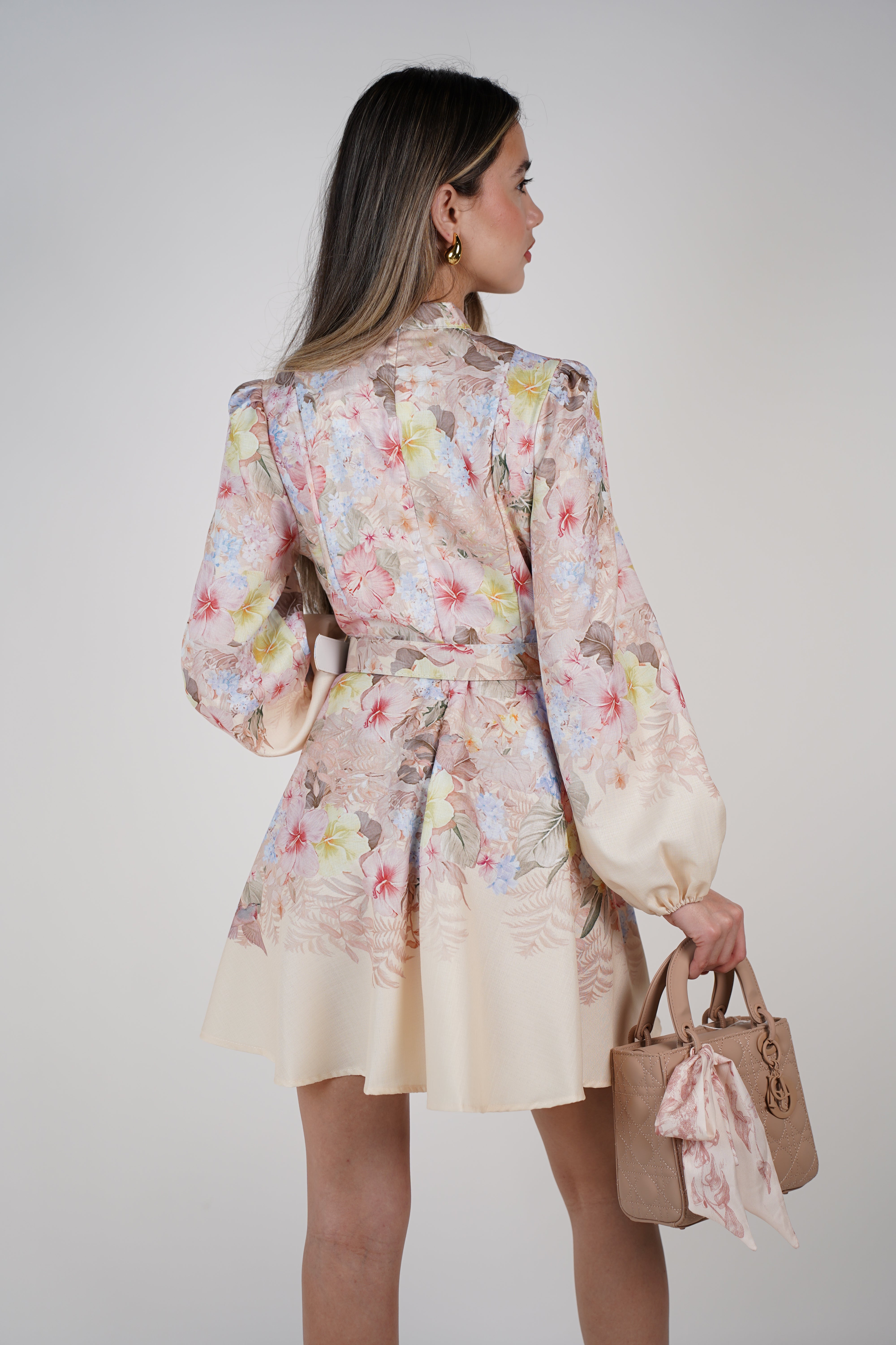 Elzea Stamped Mini Dress – Floral Button-Up Satin Mini with Belt