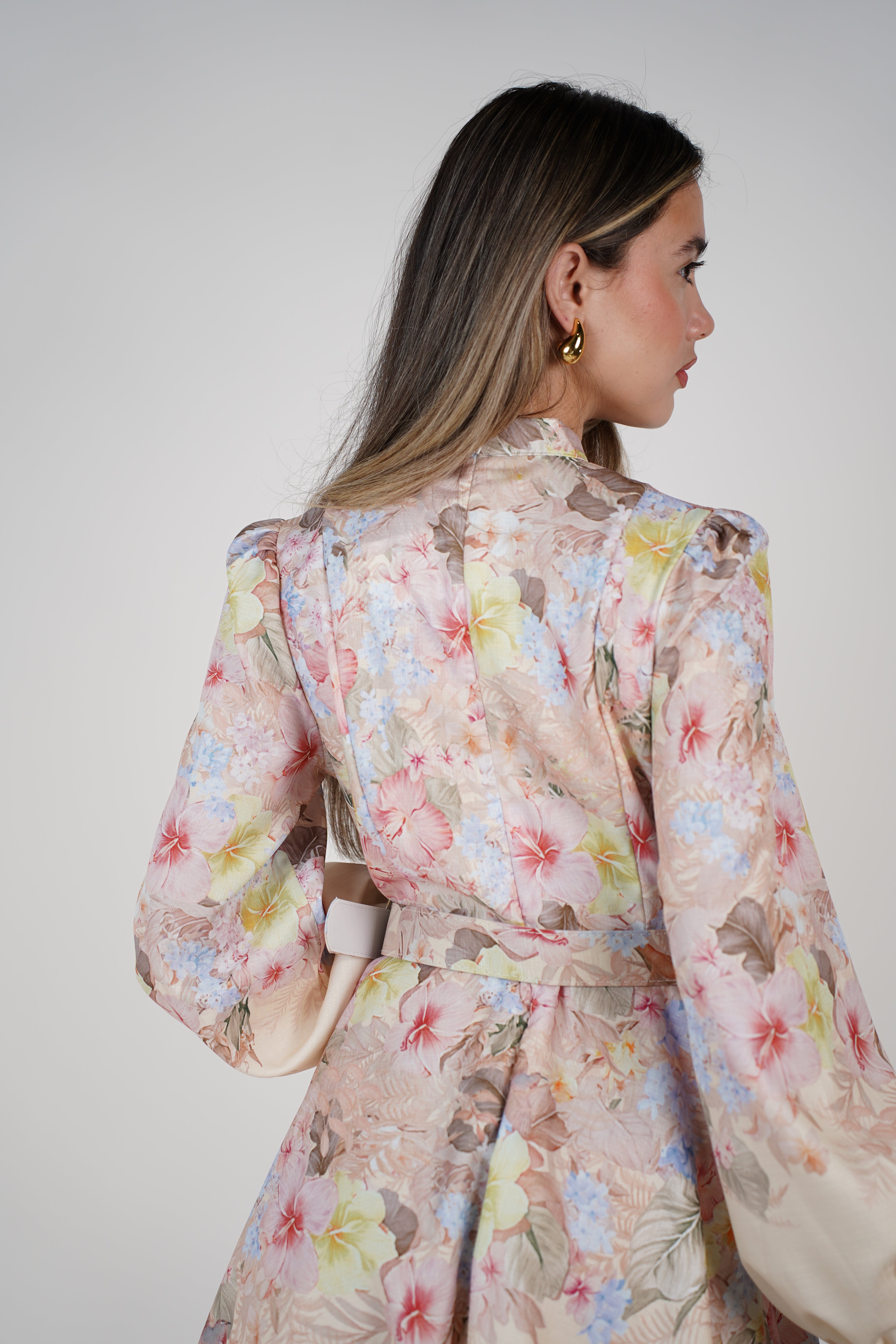 Elzea Stamped Mini Dress – Floral Button-Up Satin Mini with Belt