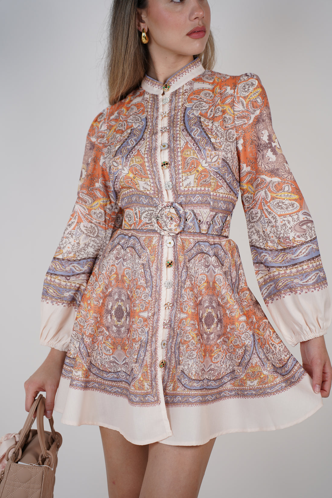 Vanys Stamped Mini Dress – Ornate Print Button Dress with Belt