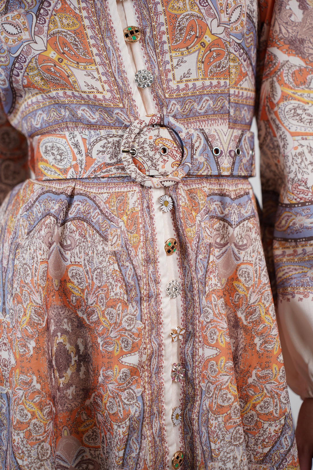 Vanys Stamped Mini Dress – Ornate Print Button Dress with Belt