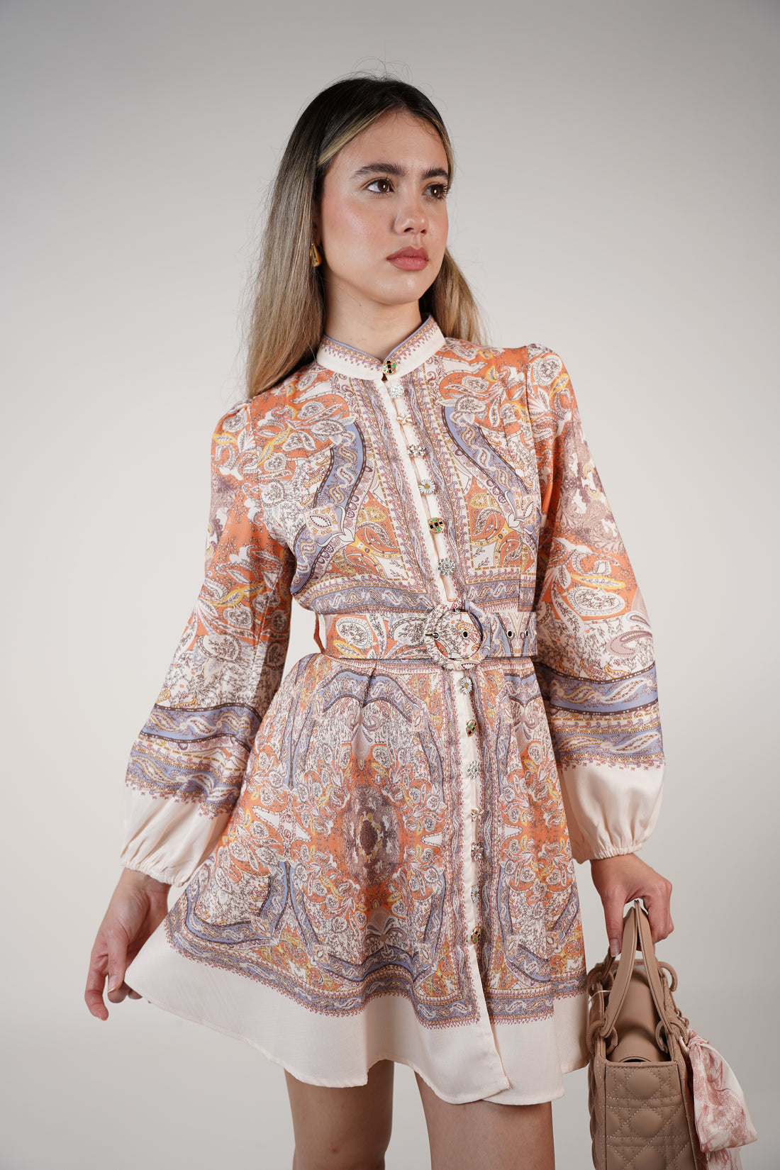 Vanys Stamped Mini Dress – Ornate Print Button Dress with Belt