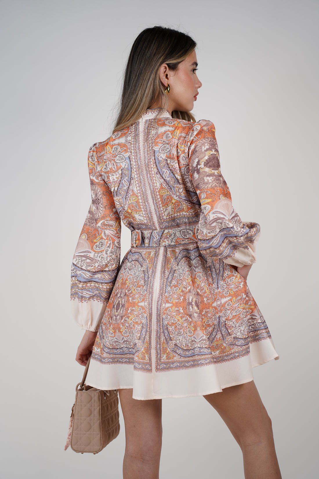 Vanys Stamped Mini Dress – Ornate Print Button Dress with Belt
