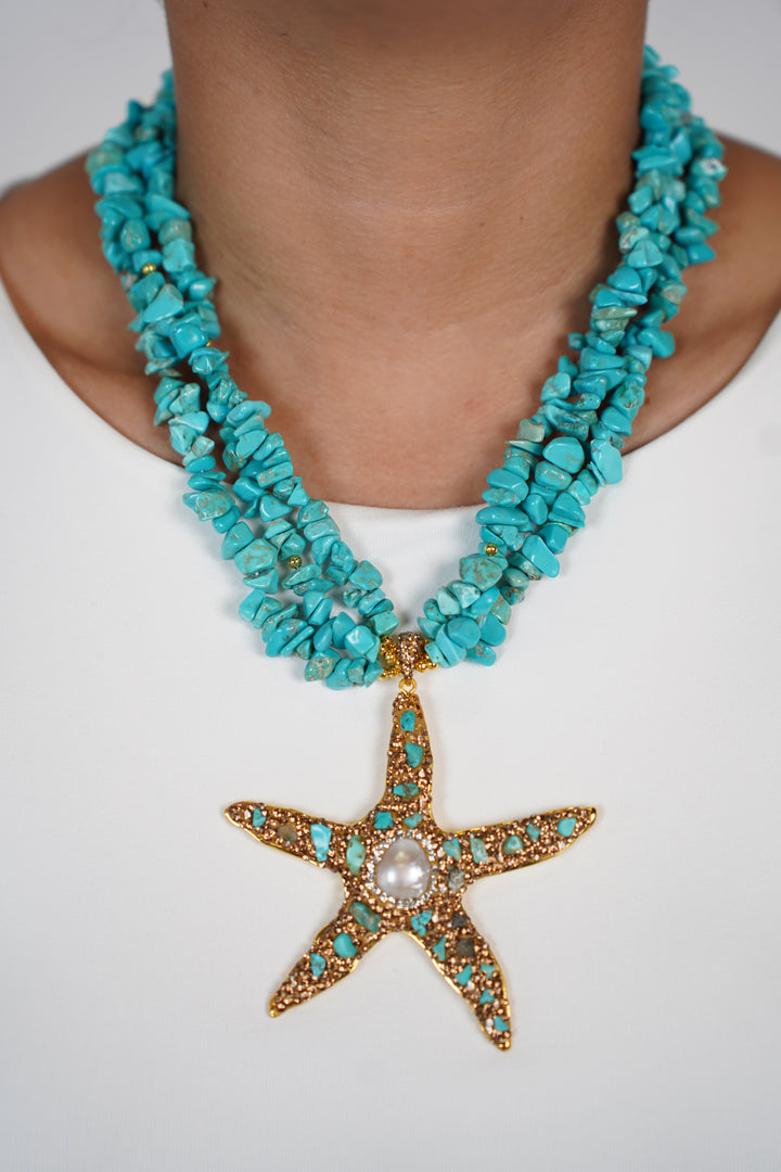Alexia Starfish Necklace – Bold Turquoise Layers with a Statement Pearl Accent