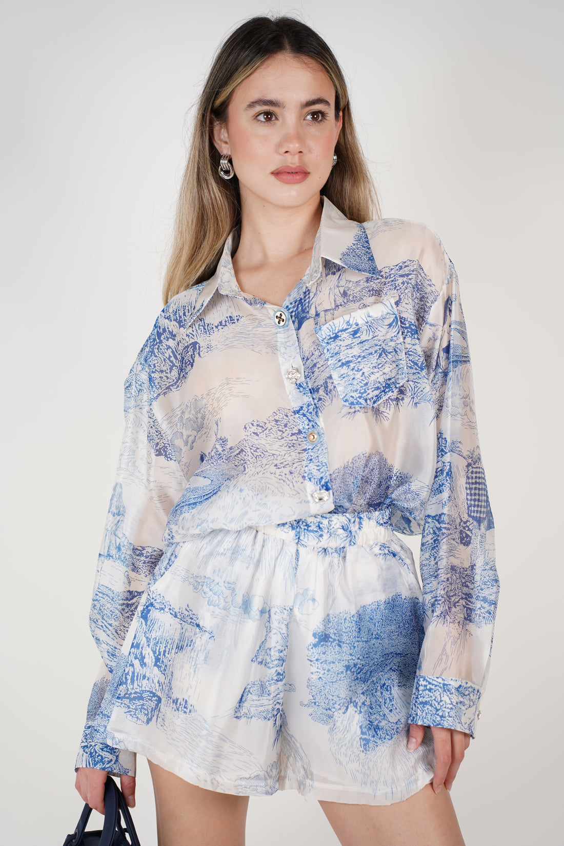Dazira Ocean Stamped Shorts Set – Light Blue Print Shirt & Shorts Combo