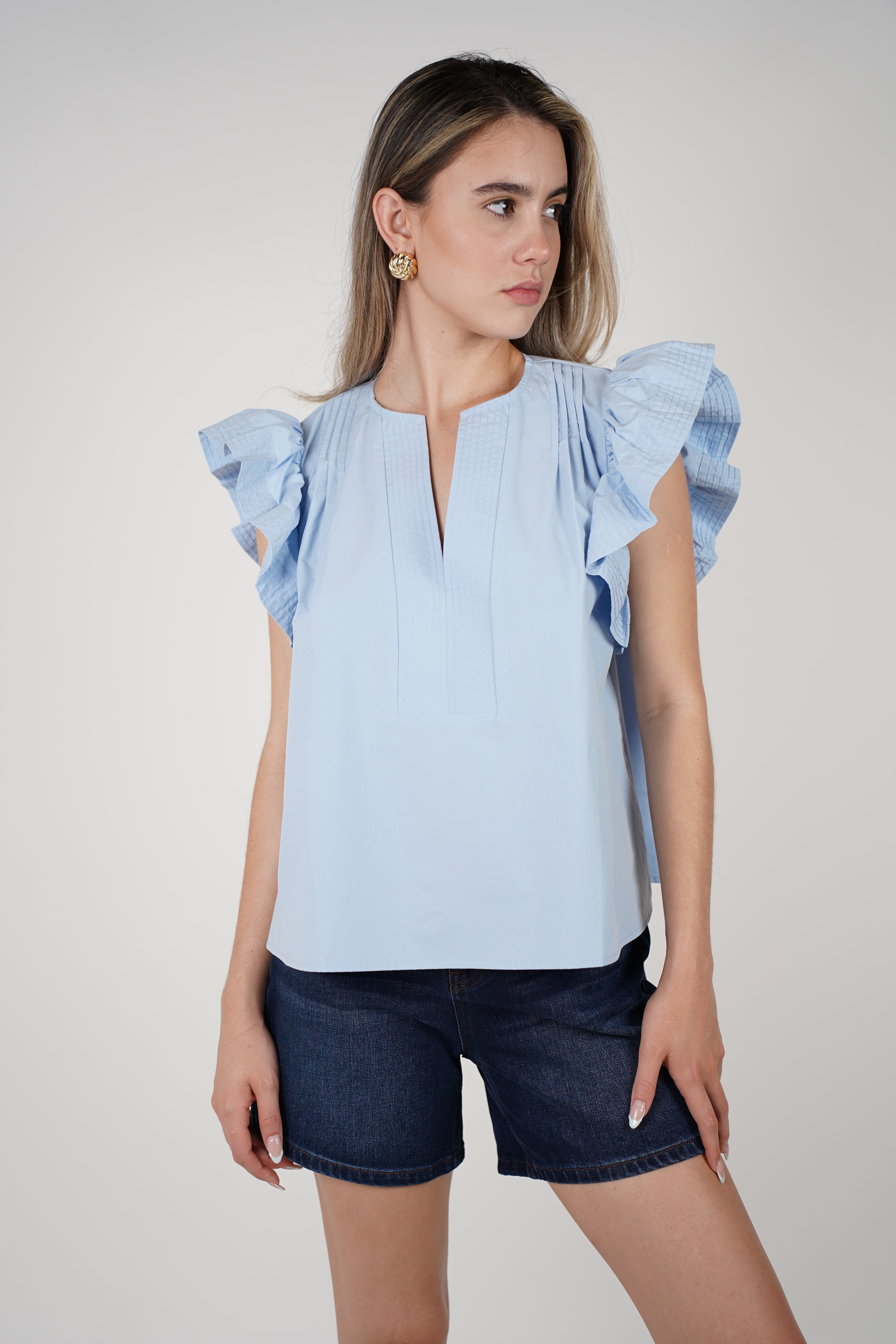 Delyra Top – Soft Blue Ruffle Sleeve Blouse