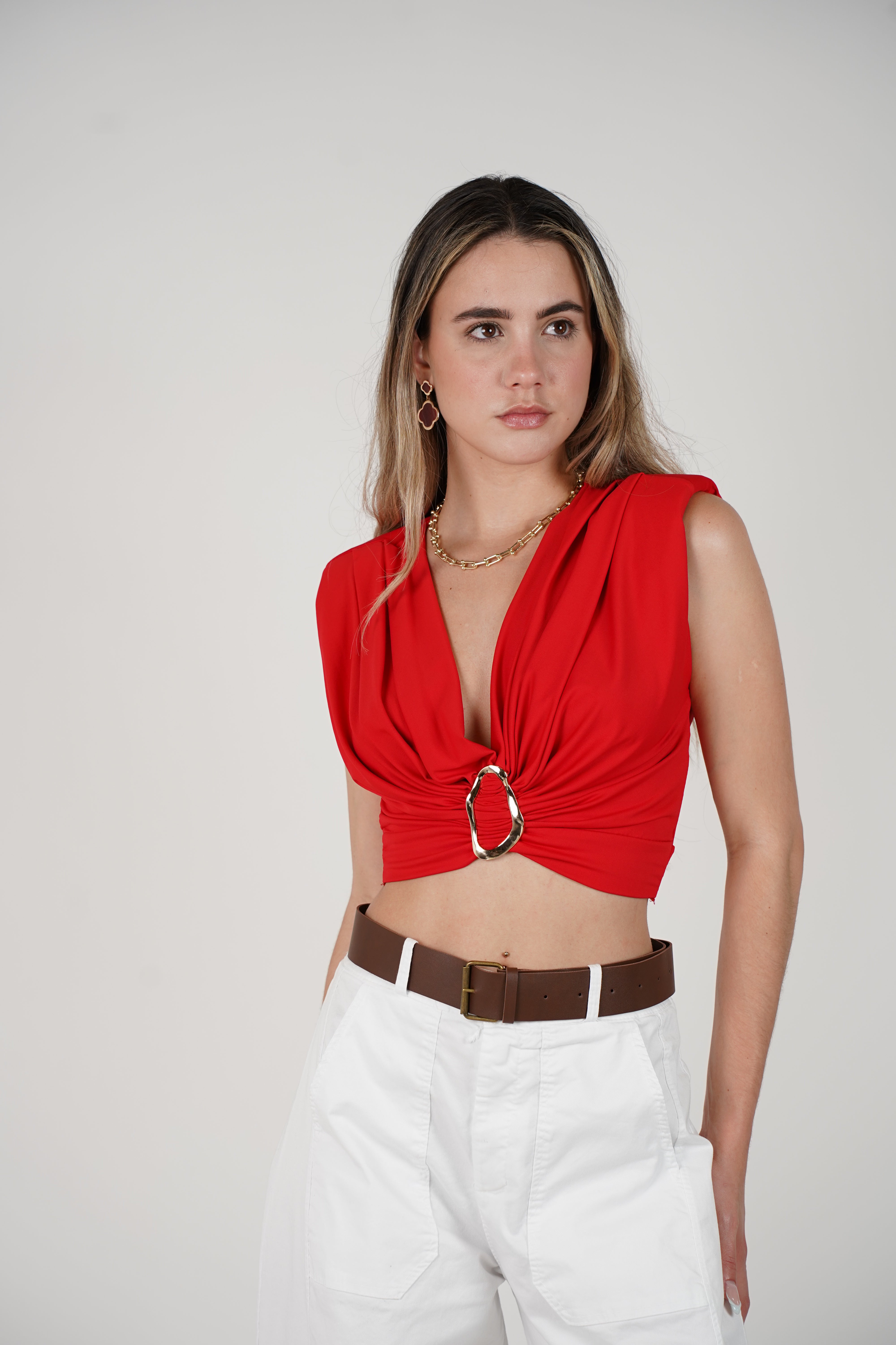 Zaley Crop Top – Draped Gold Ring Detail Top in Multiple Colors