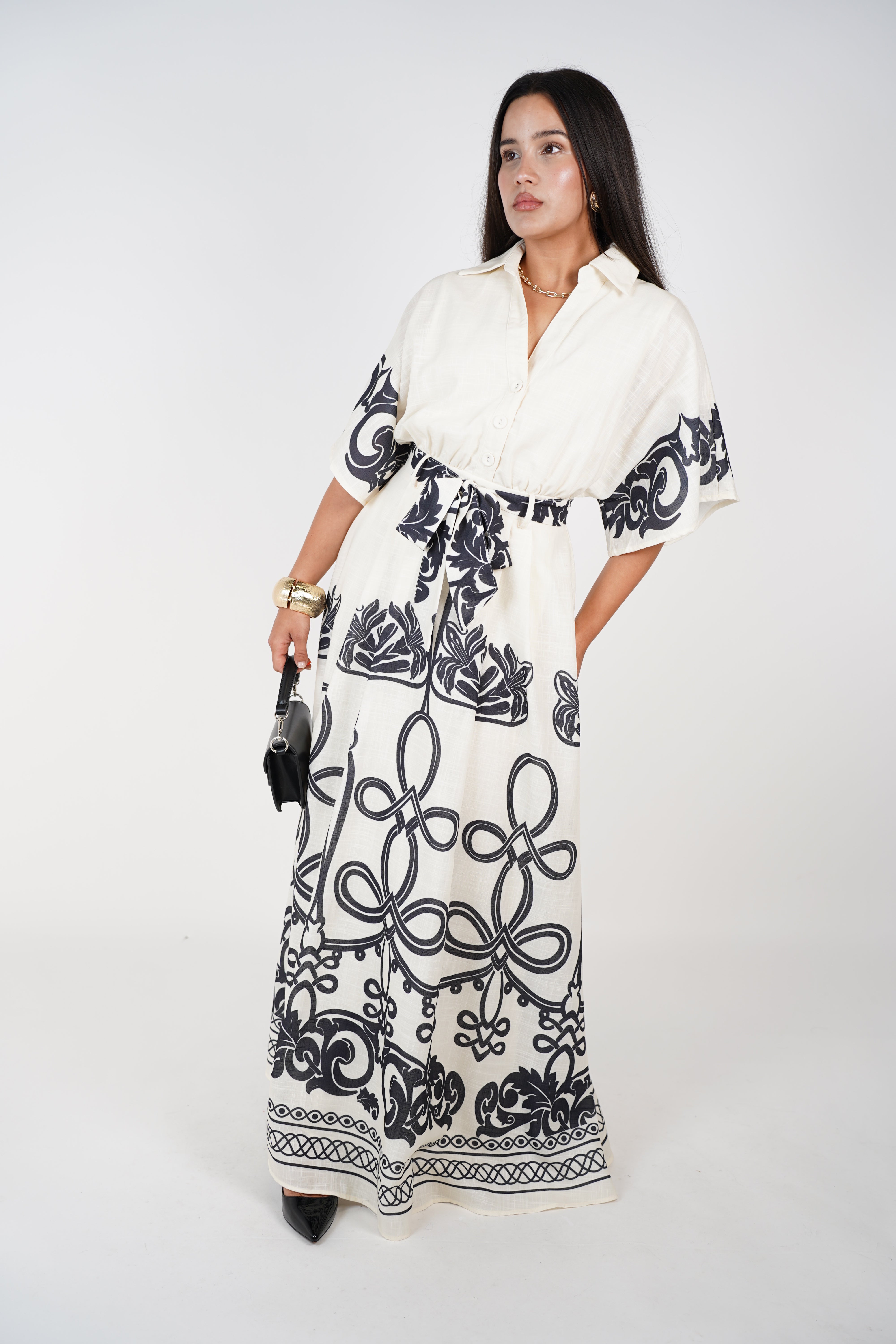Vela Stamped Belted Maxi Dress – Ivory & Black Boho Print