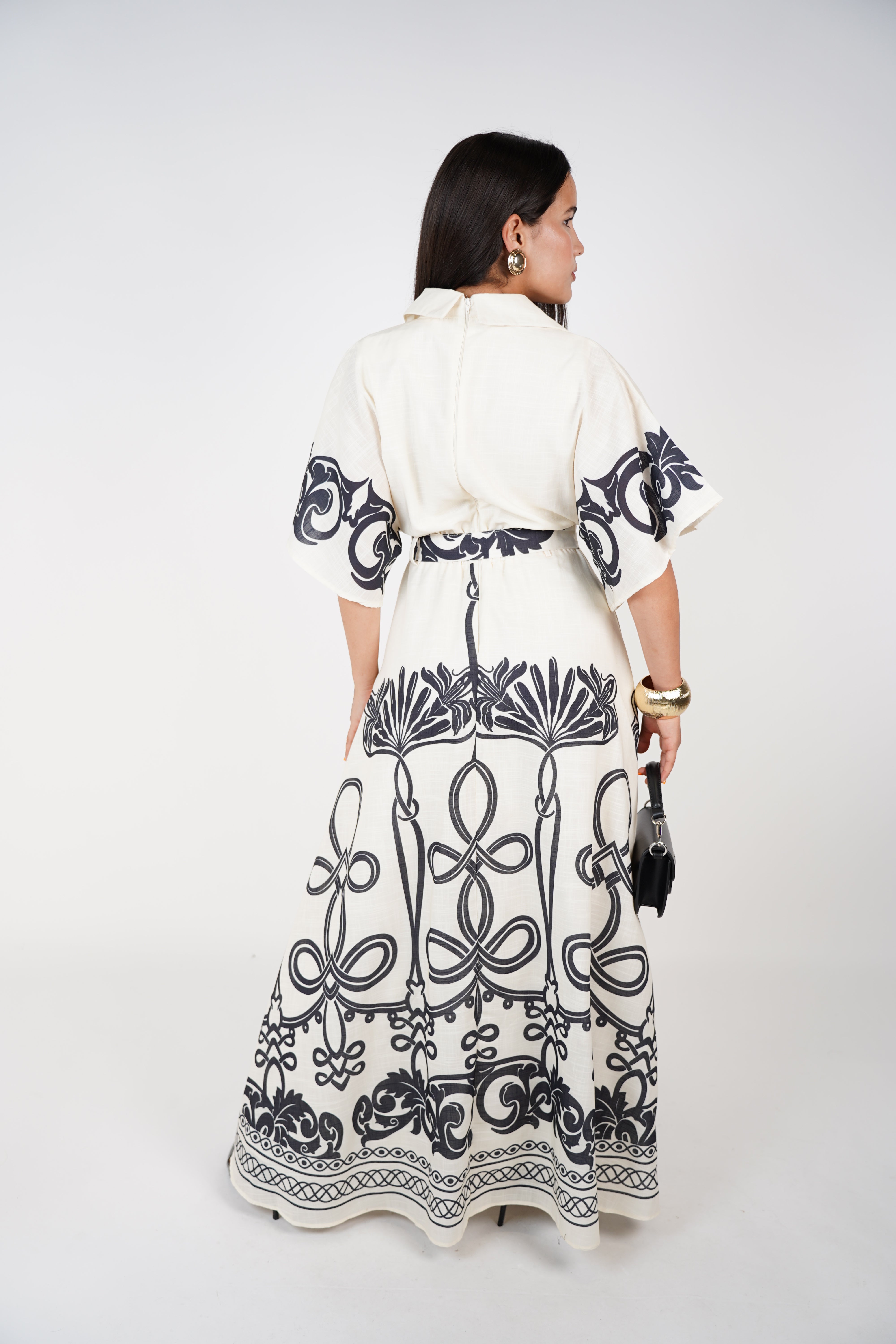 Vela Stamped Belted Maxi Dress – Ivory & Black Boho Print