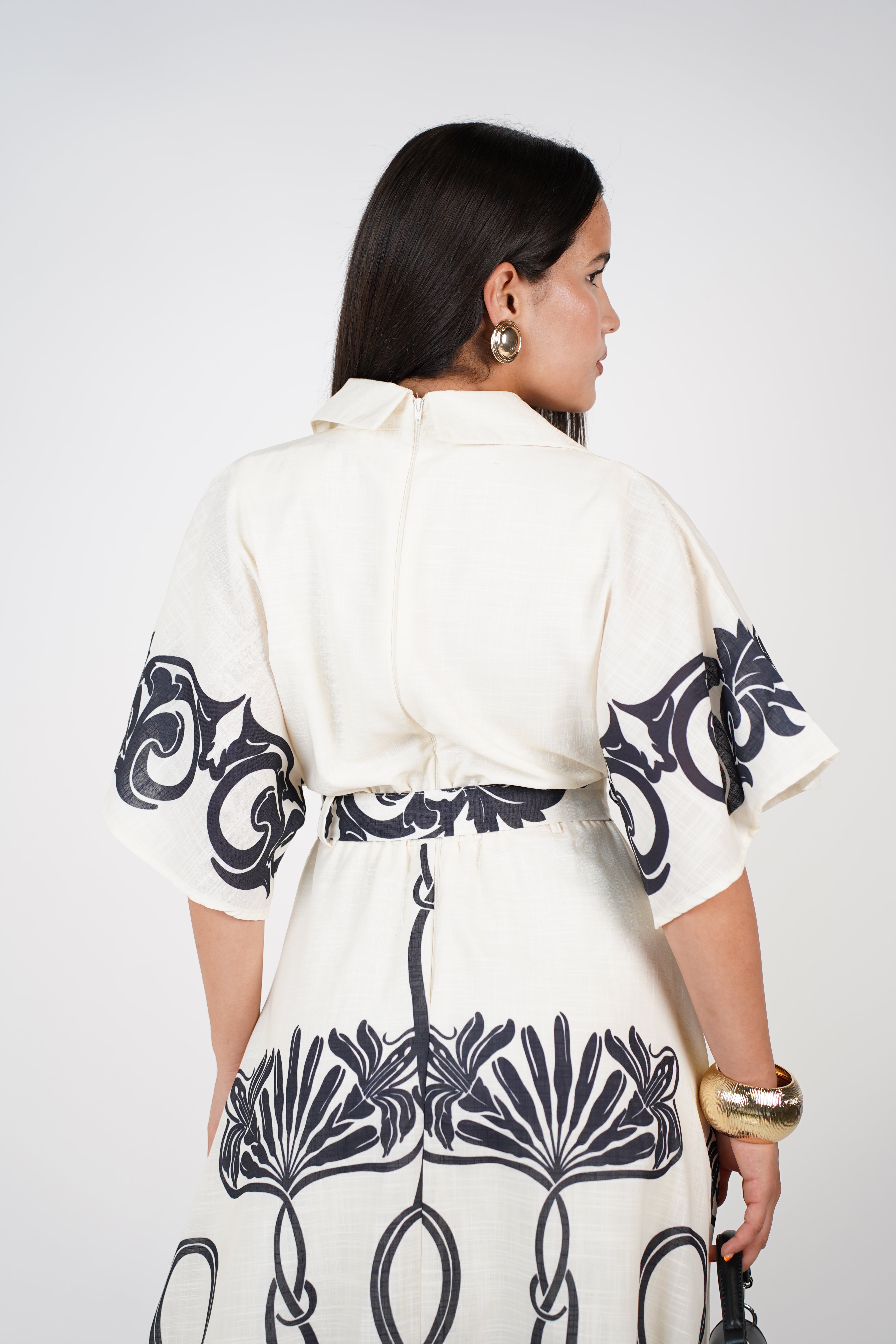 Vela Stamped Belted Maxi Dress – Ivory & Black Boho Print
